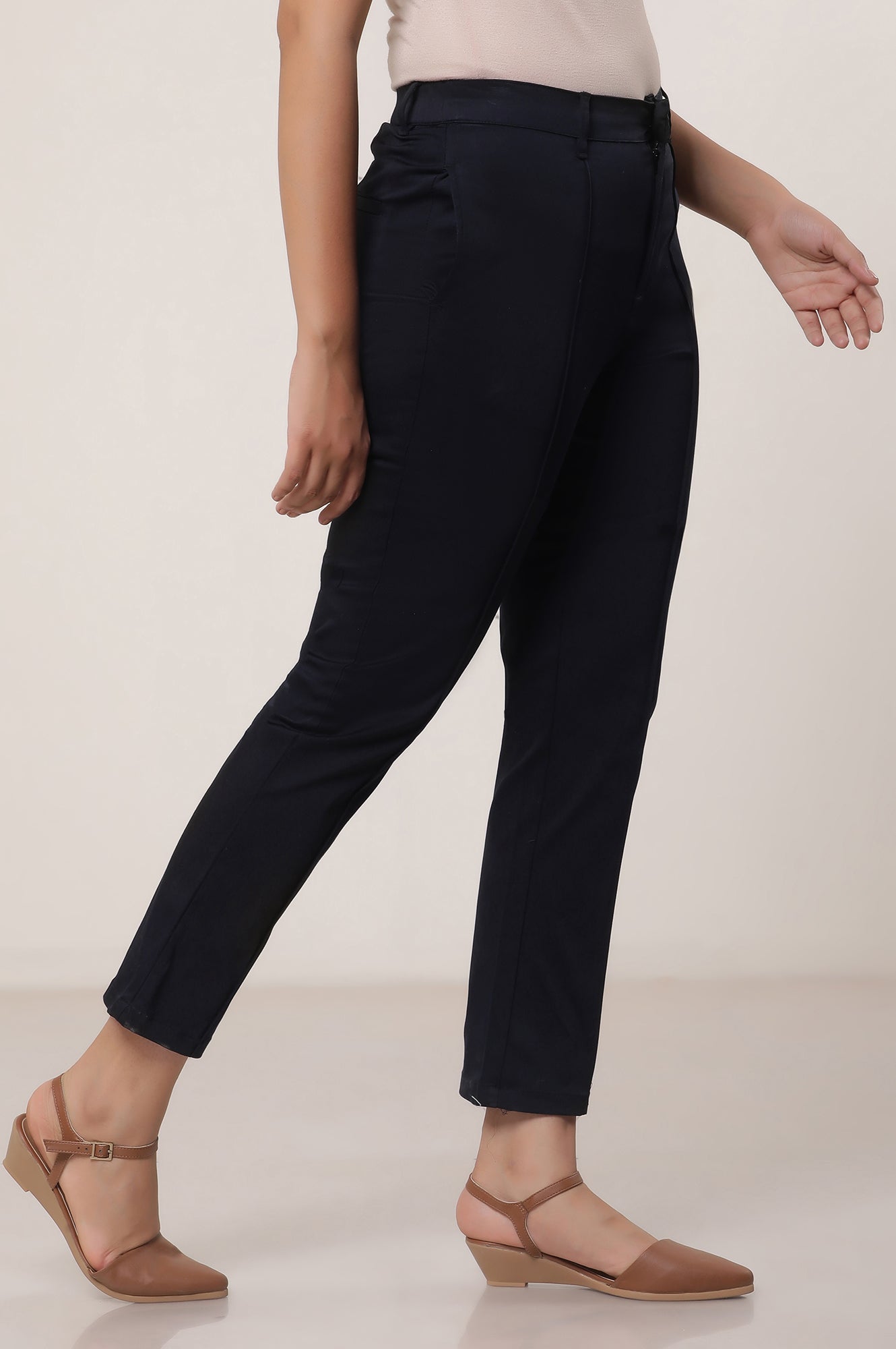 Black Solid Cotton Blend Straight Trousers & Pants