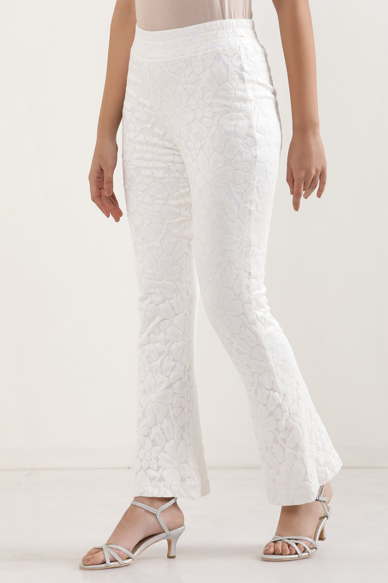 White Floral Flared Cotton Pants With Elasticated Waist
