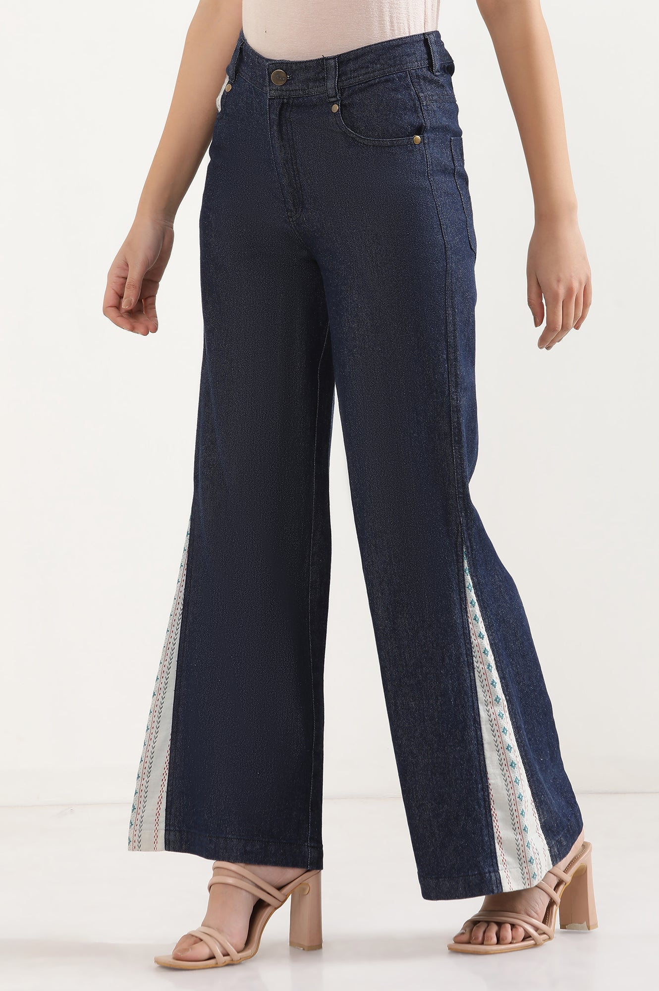 Blue Solid Flared Denim Palazzo With Printed Side Inserts
