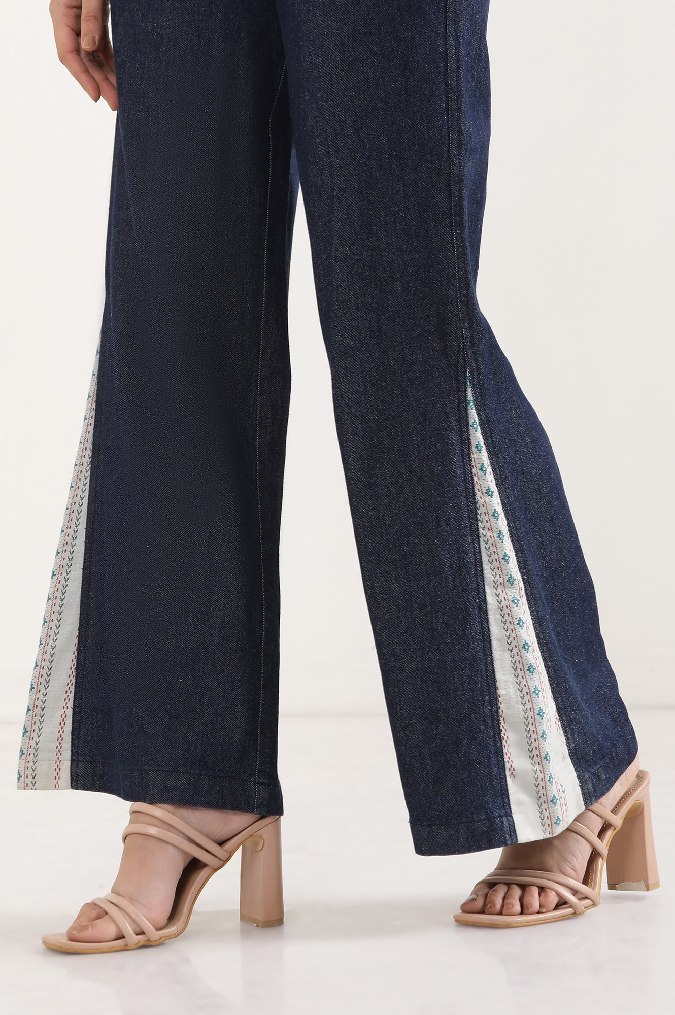 Blue Solid Flared Denim Palazzo With Printed Side Inserts