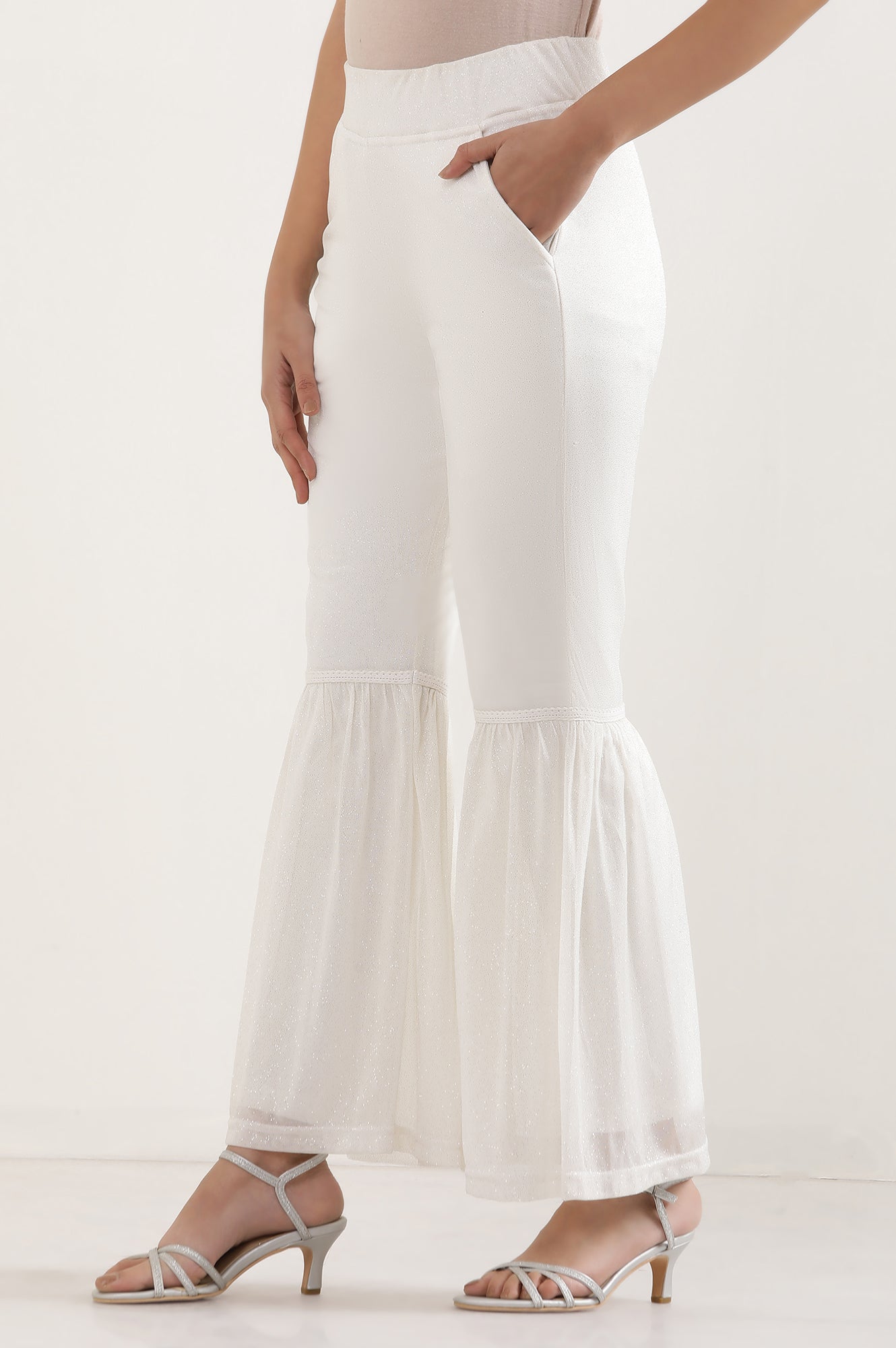 White Glitter Printed Flared Sharara With Elasticated Waist