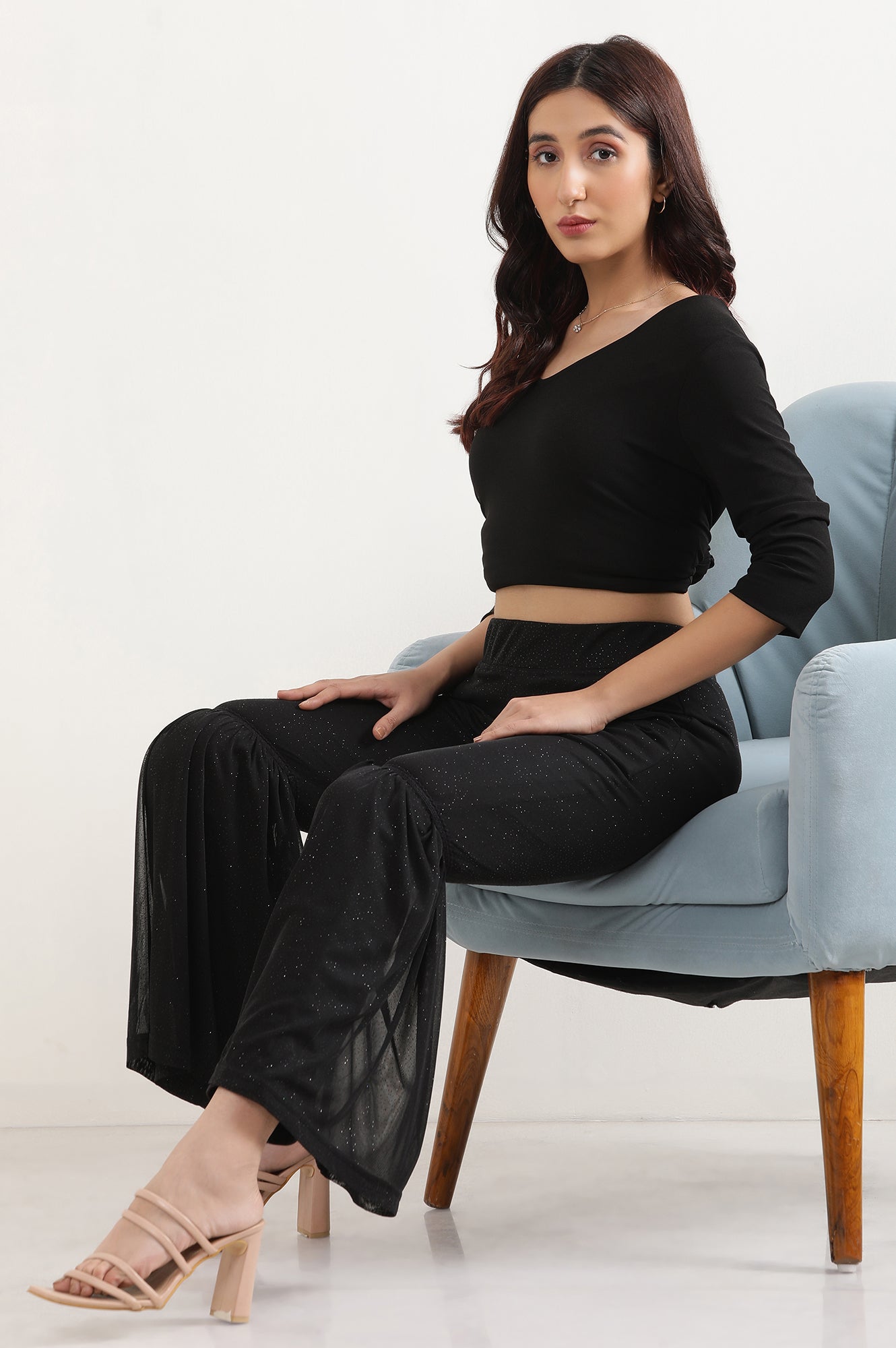 Black Printed Flared Sharara With Elasticated Waist