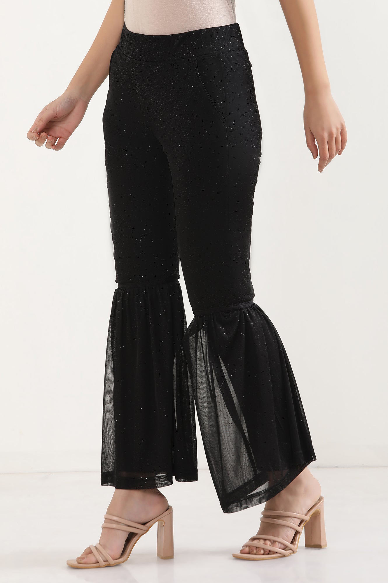 Black Printed Flared Sharara With Elasticated Waist