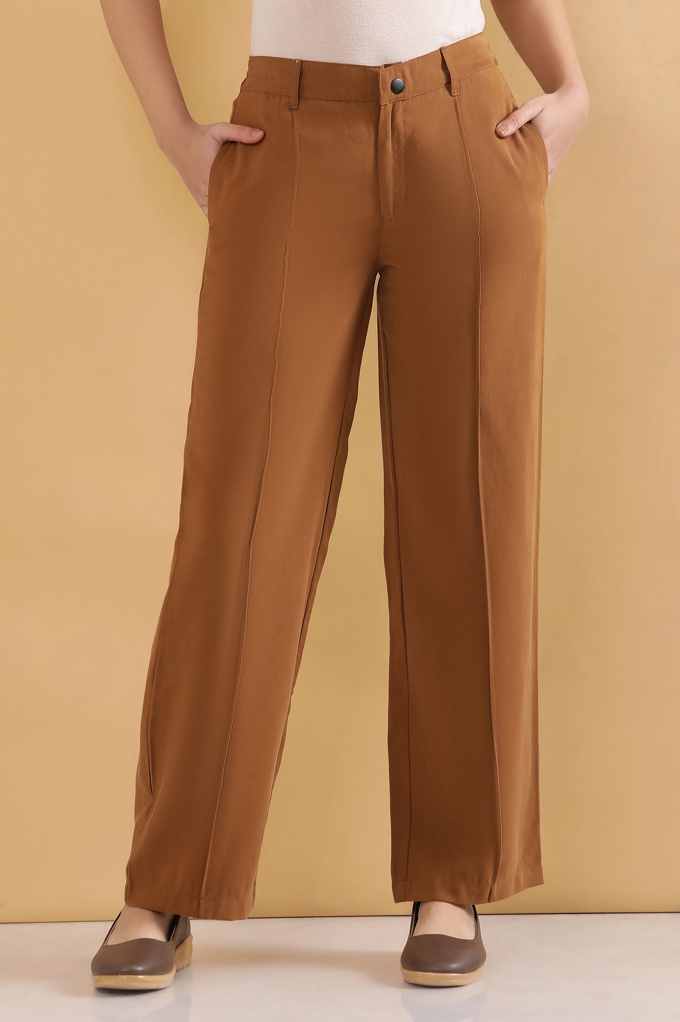 Brown Solid Straight Fit Rayon Pants With Pintuck Detail