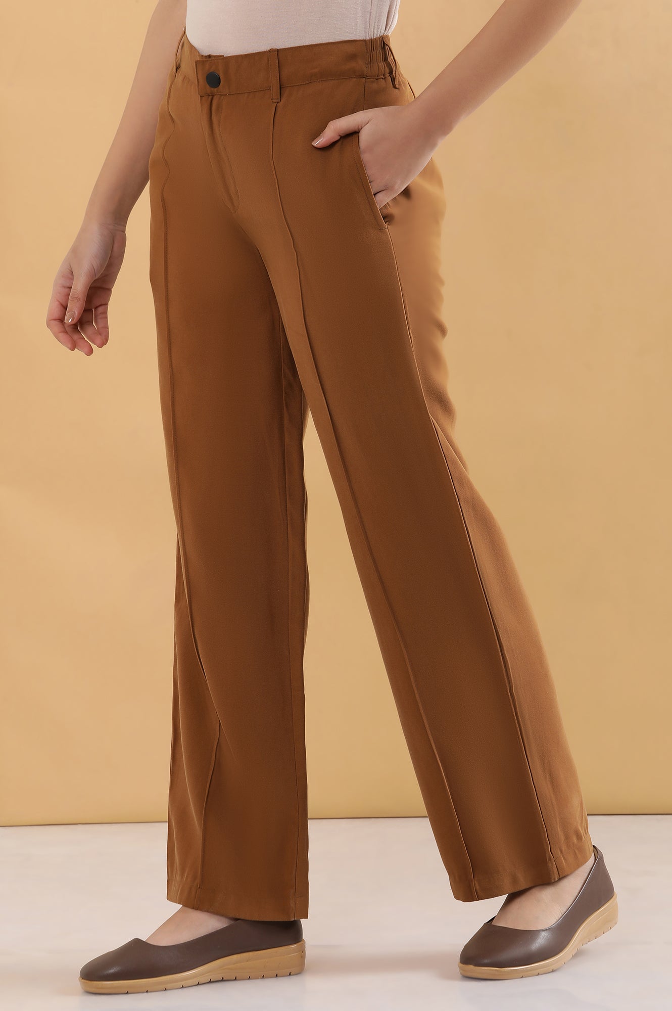 Brown Solid Straight Fit Rayon Pants With Pintuck Detail