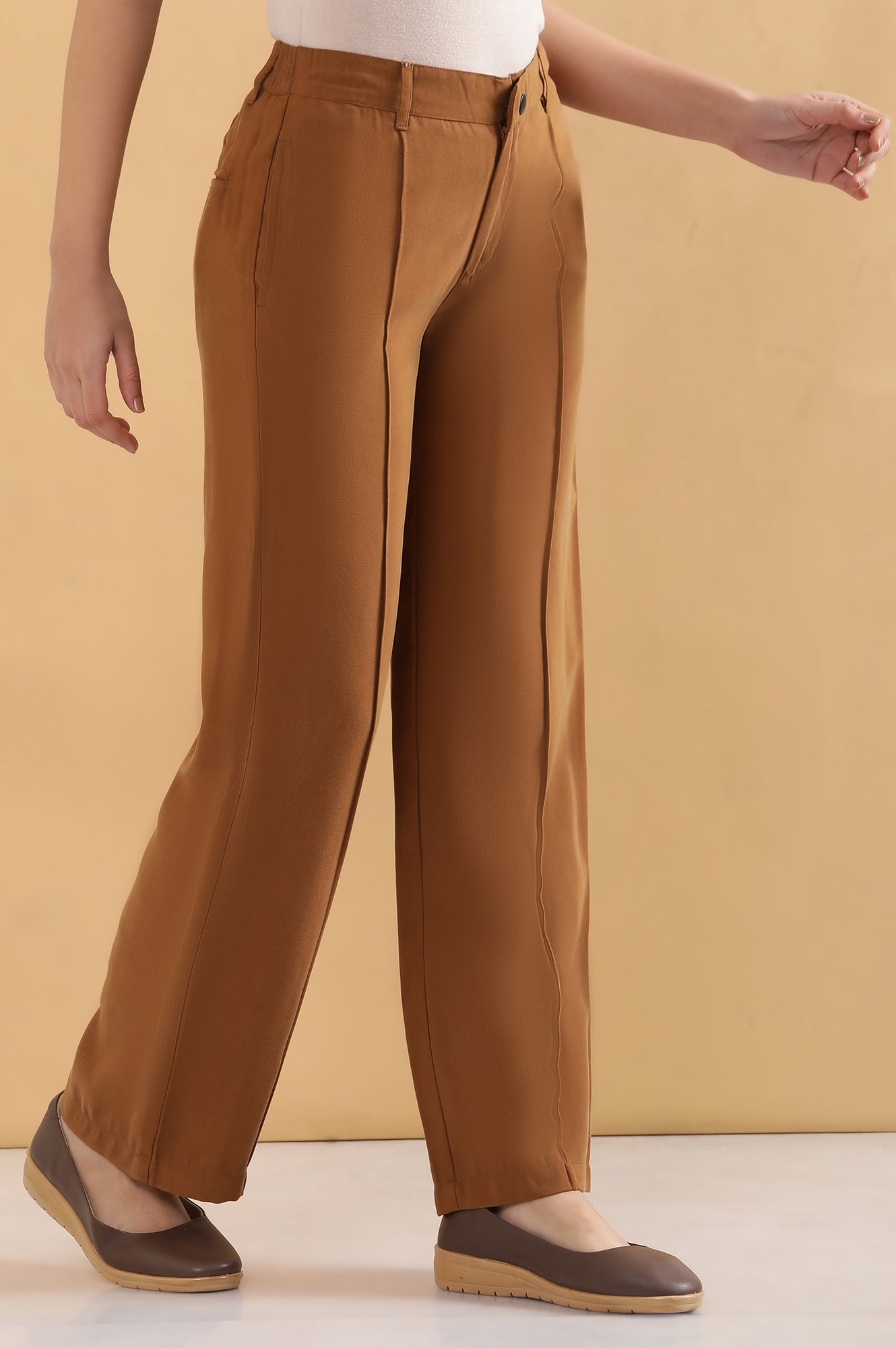 Brown Solid Straight Fit Rayon Pants With Pintuck Detail
