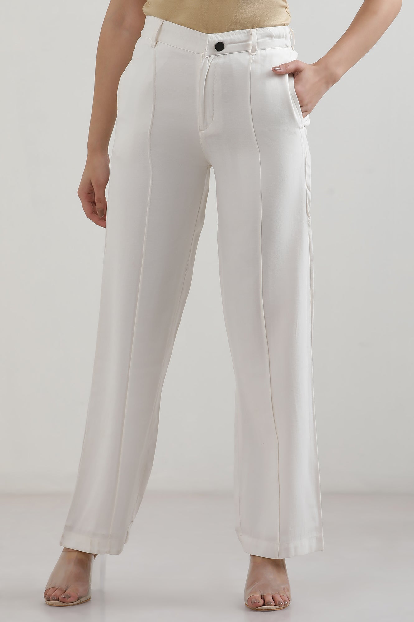White Solid Rayon Straight Trousers & Pants