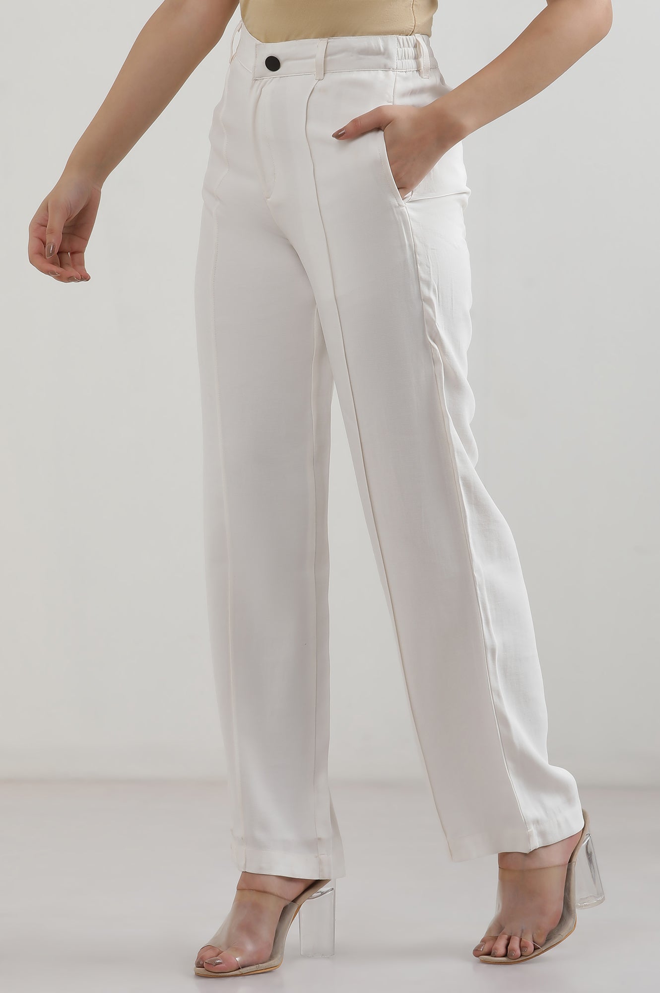 White Solid Rayon Straight Trousers & Pants