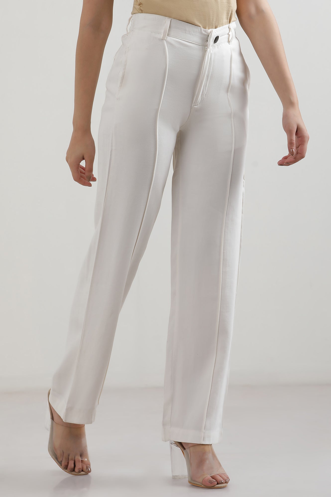 White Solid Rayon Straight Trousers & Pants