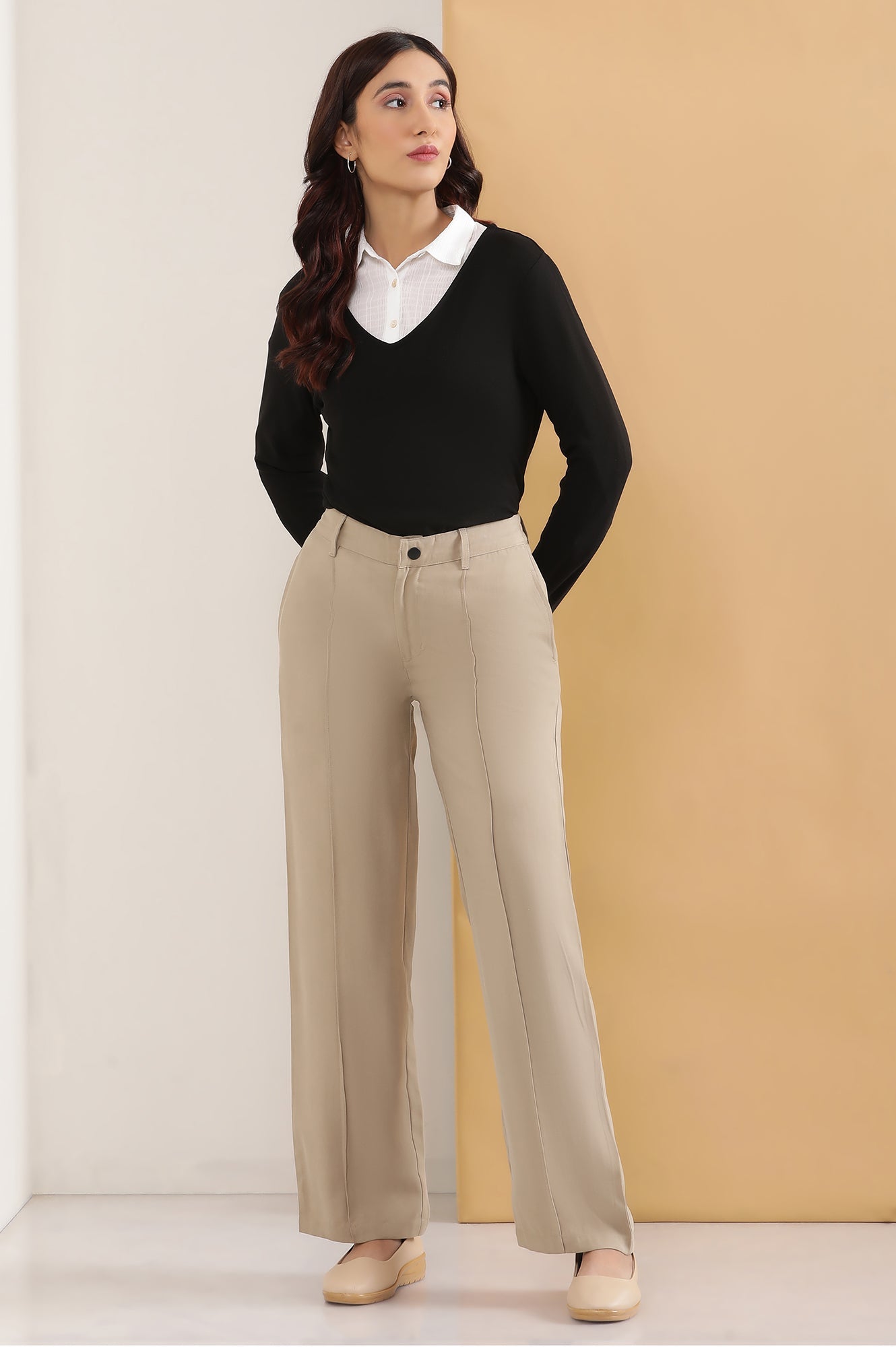 Beige Solid Straight Fit Woven Pants With Pintuck Detail