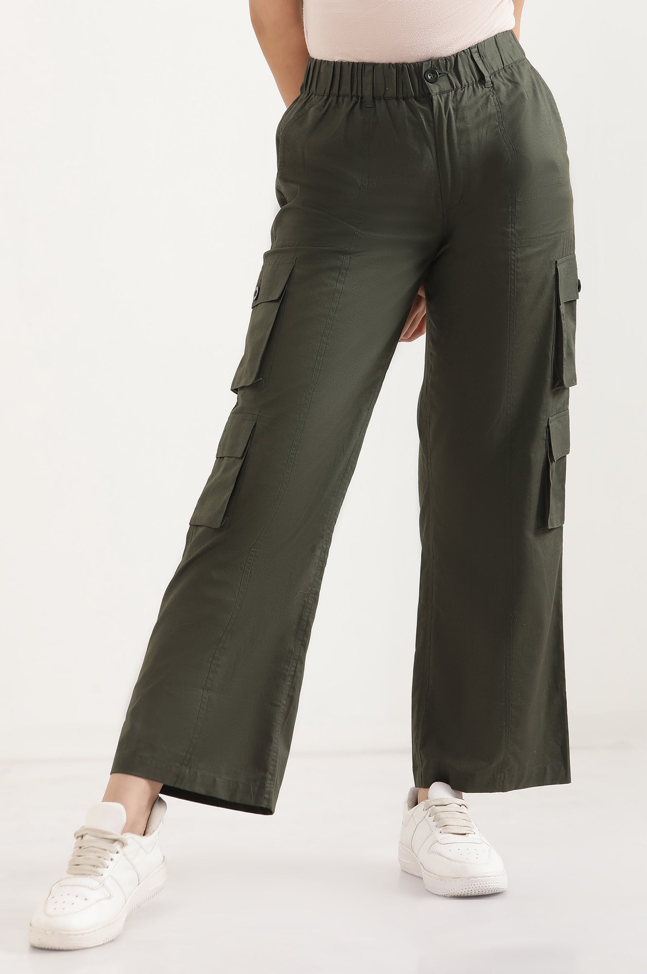Muted Sage Green Solid Straight Fit Cotton Palazzo With Elasticated Waist And Cargo Pockets
