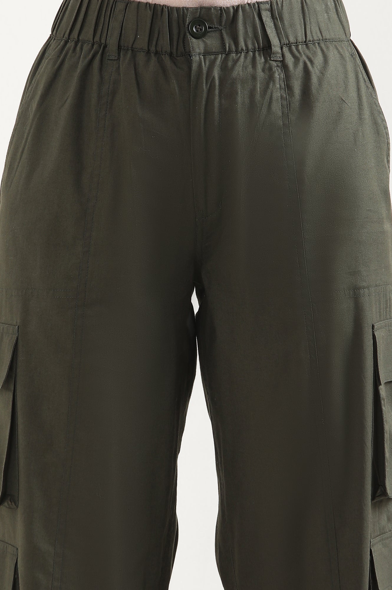Muted Sage Green Solid Straight Fit Cotton Palazzo With Elasticated Waist And Cargo Pockets