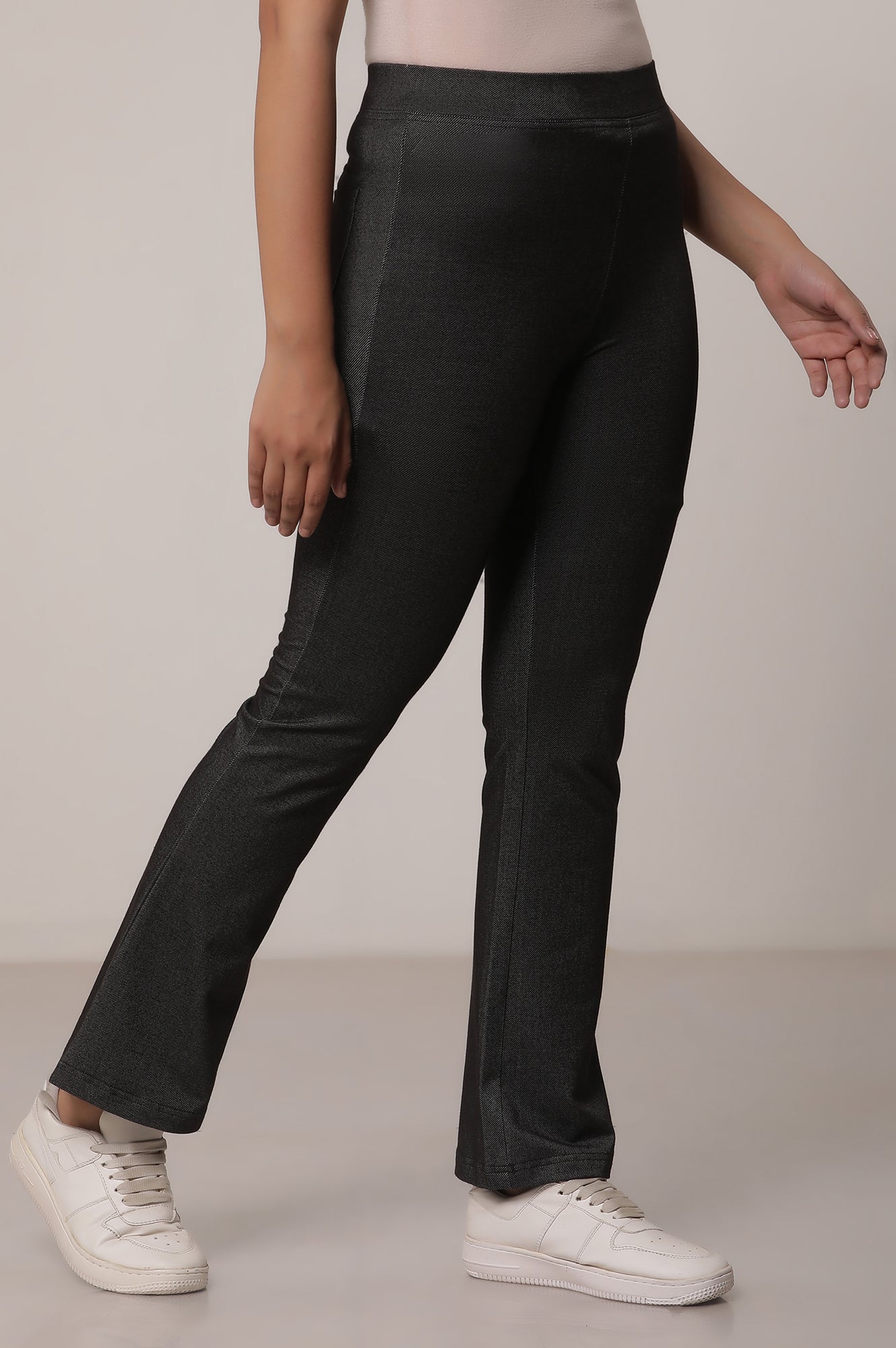 Black Solid Cotton Blend Flarred Trousers & Pants