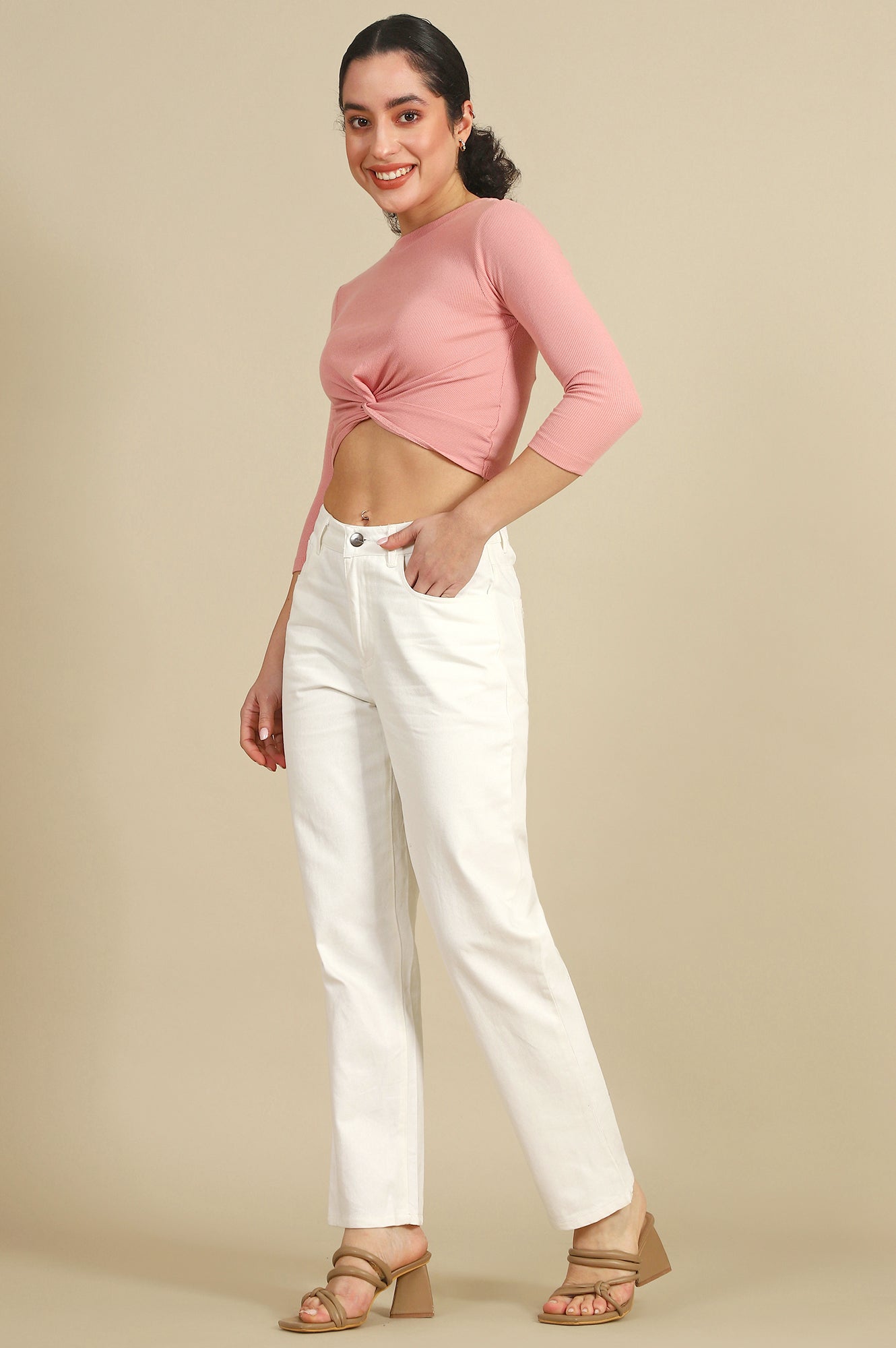 White Solid Pure Cotton Straight Trousers & Pants