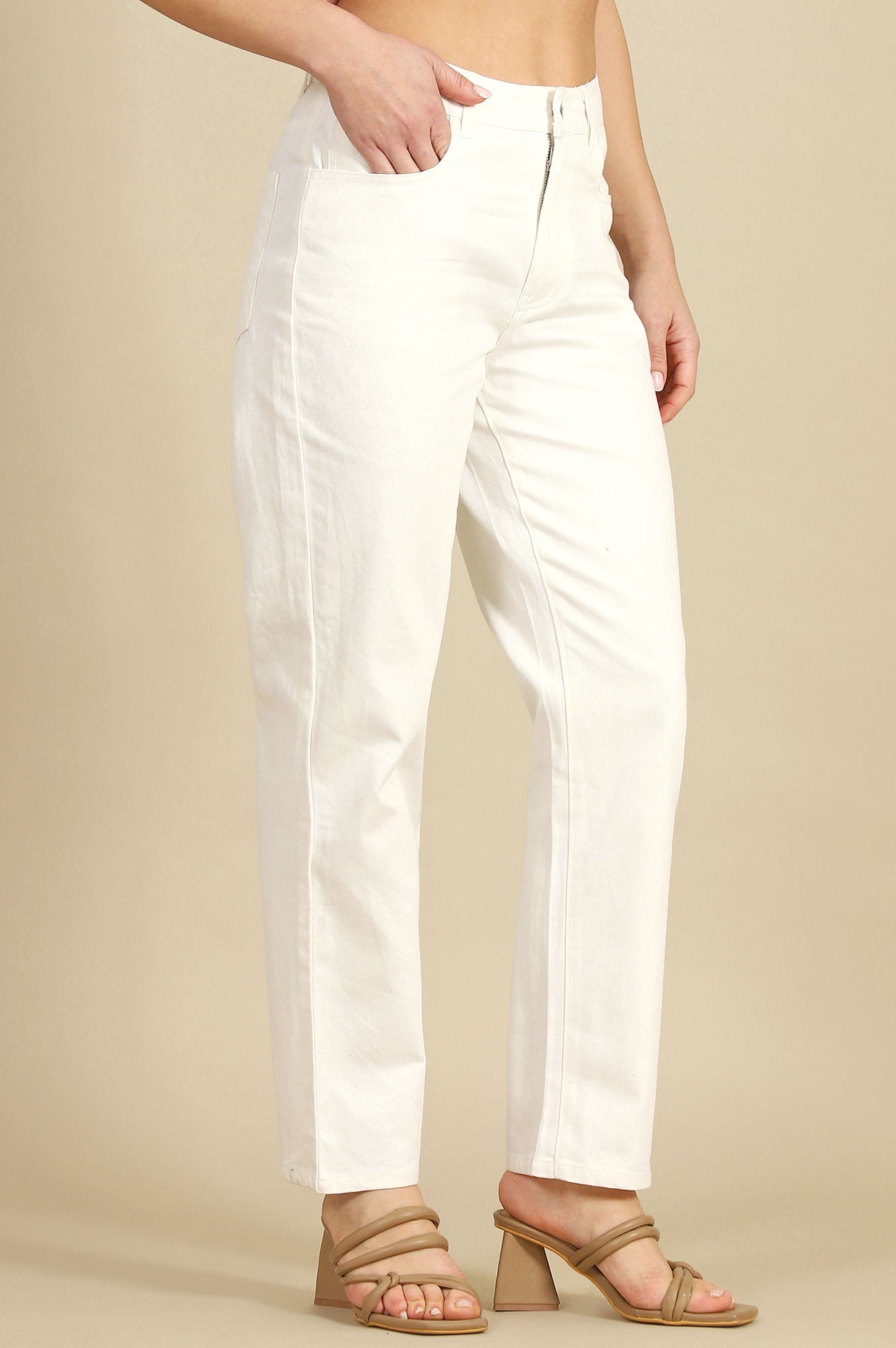 White Solid Pure Cotton Straight Trousers & Pants