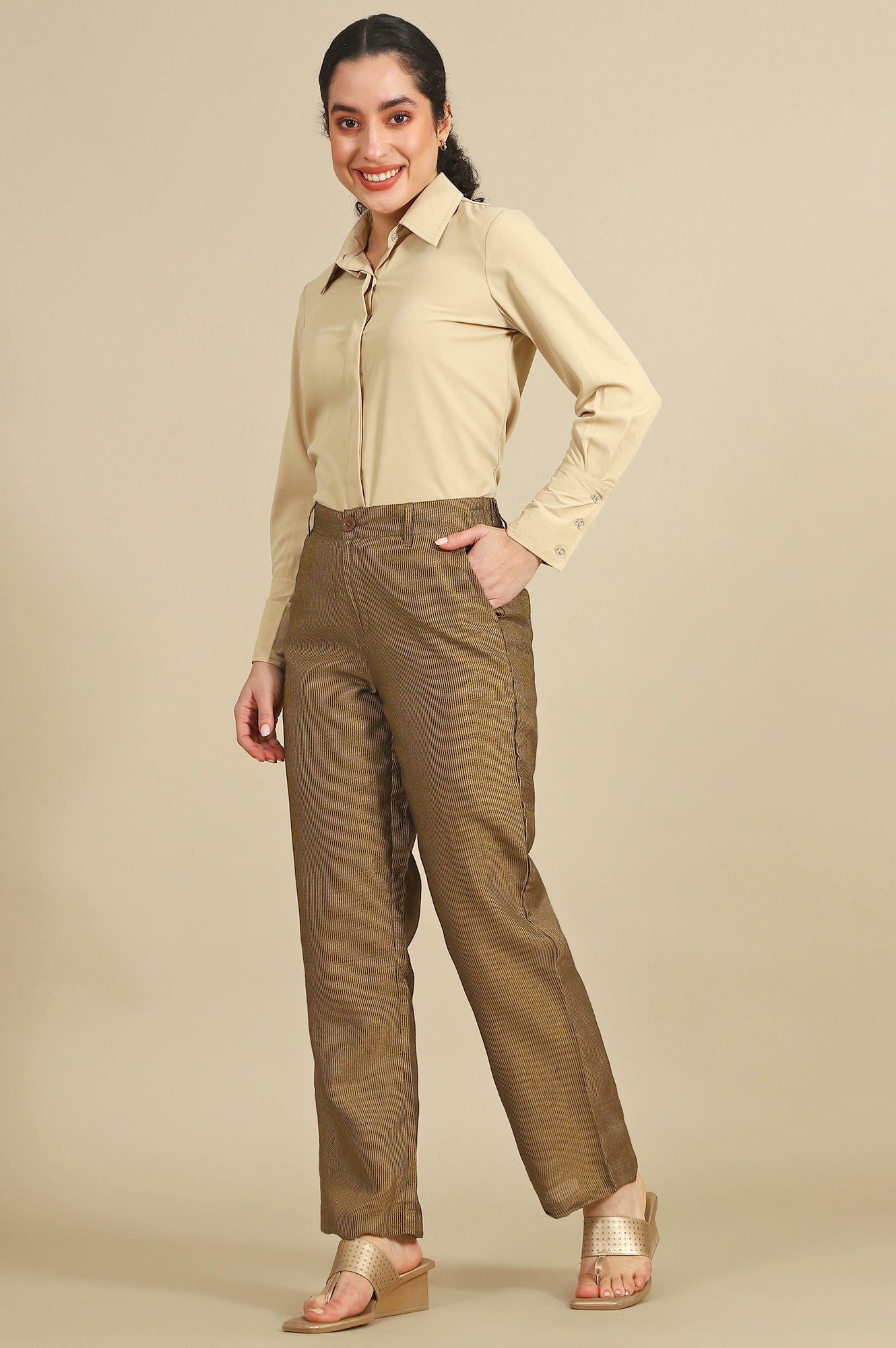 Brown Yarn Dyed Zari Straight Trousers & Pants