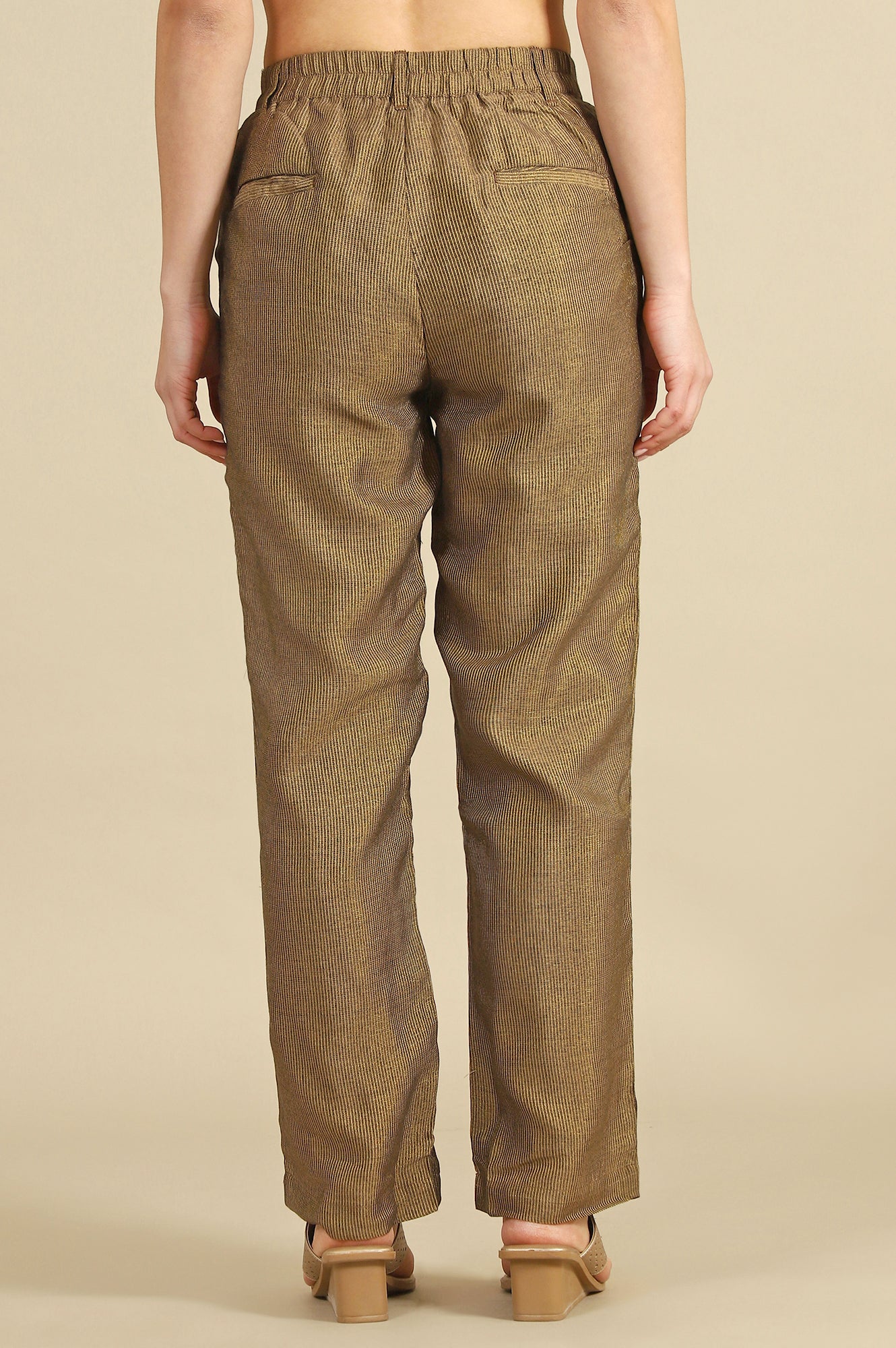Brown Yarn Dyed Zari Straight Trousers & Pants