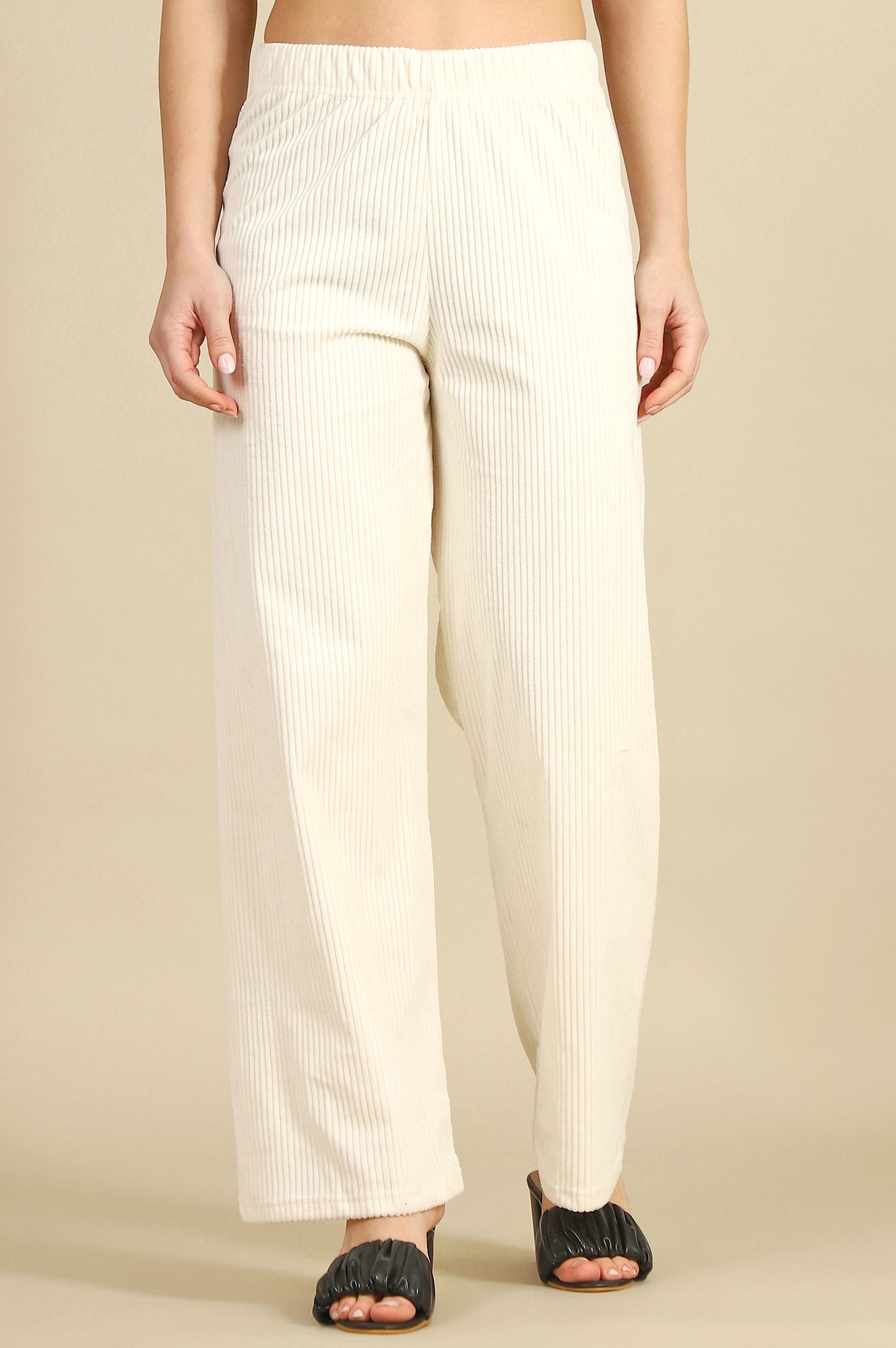 Cream Solid Cotton Blend Straight Trousers & Pants