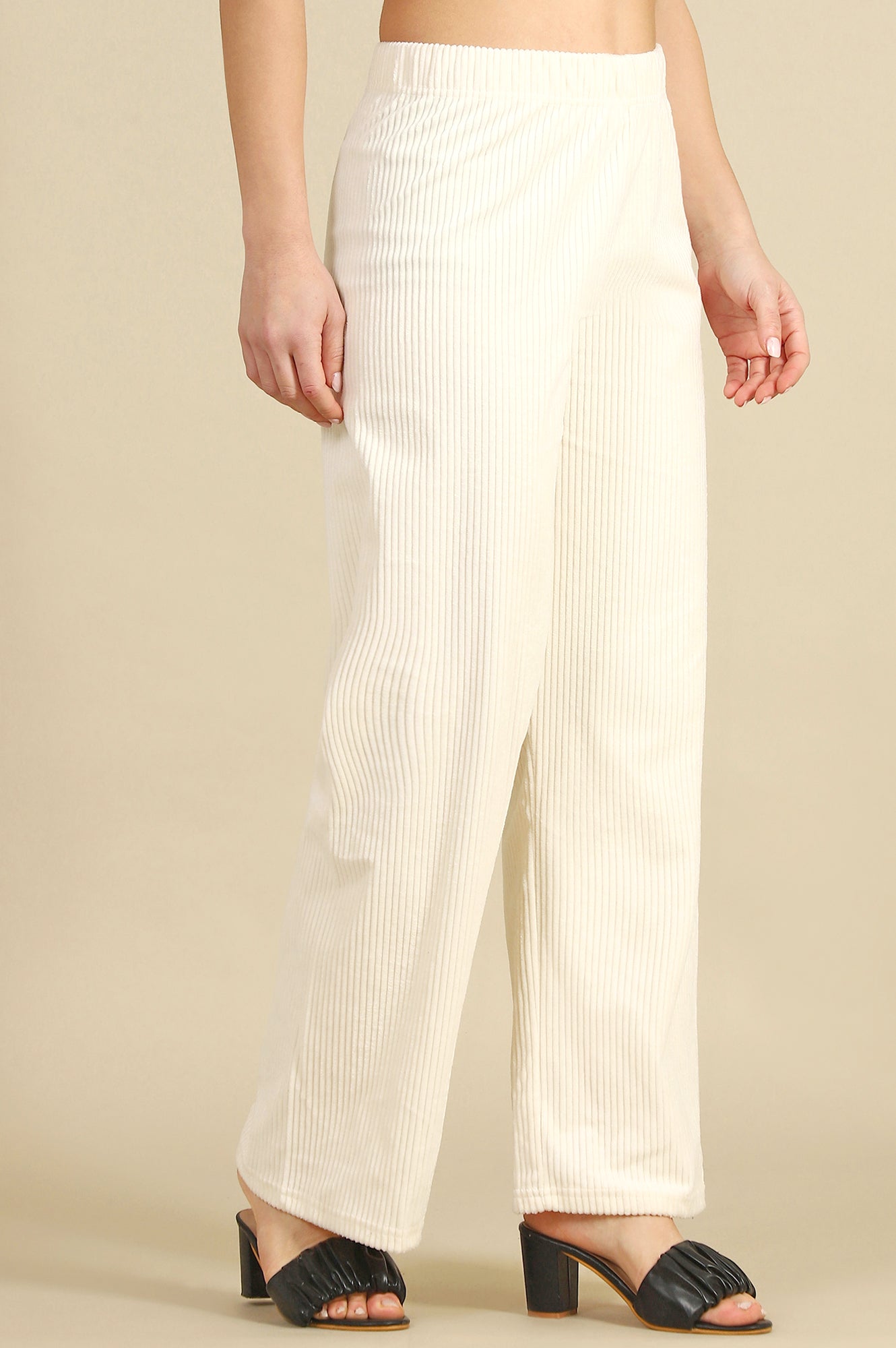 Cream Solid Cotton Blend Straight Trousers & Pants