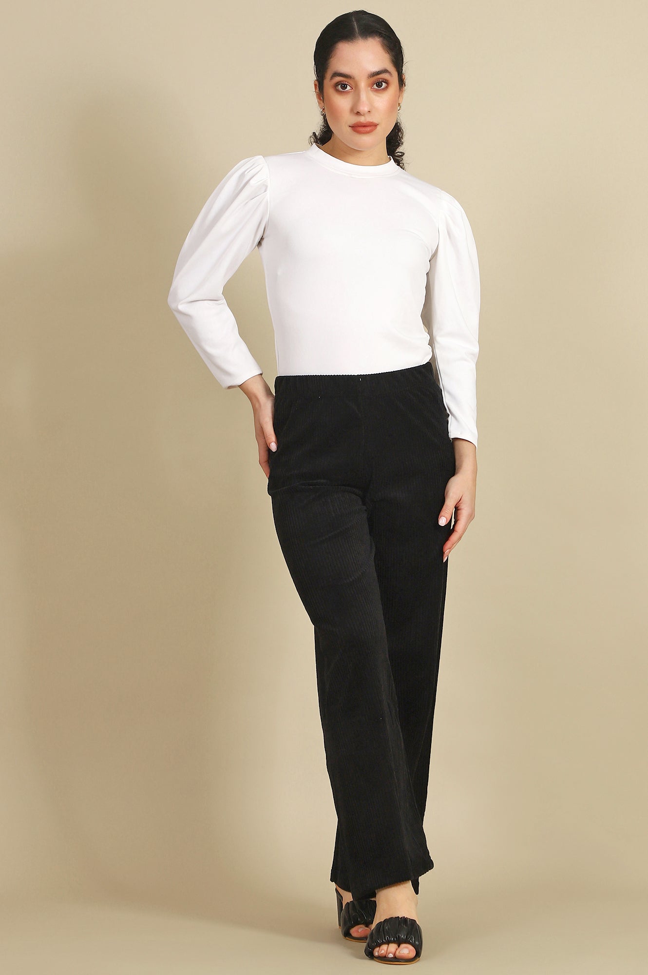 Black Solid Cotton Blend Straight Trousers & Pants