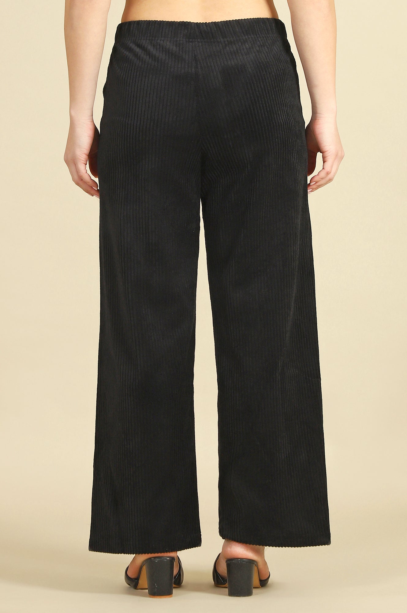 Black Solid Cotton Blend Straight Trousers & Pants