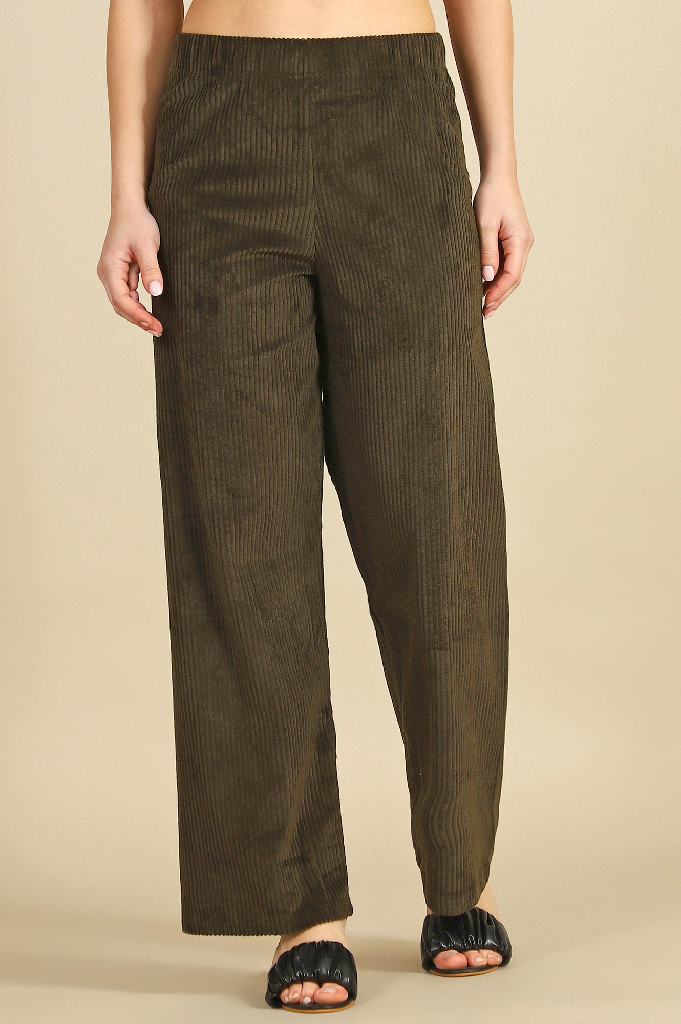 Green Solid Cotton Blend Straight Trousers & Pants
