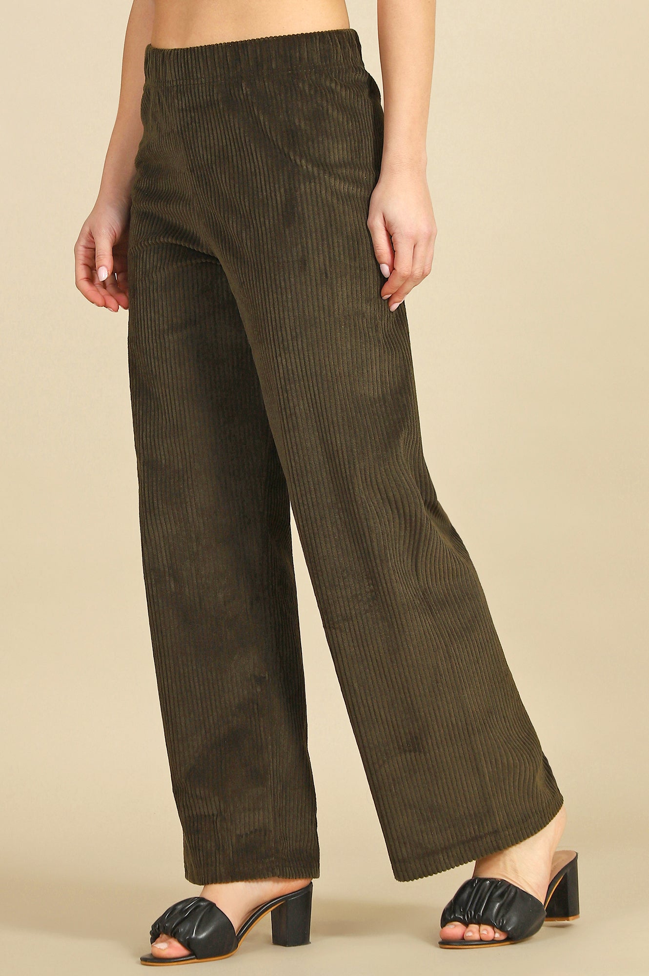 Green Solid Cotton Blend Straight Trousers & Pants