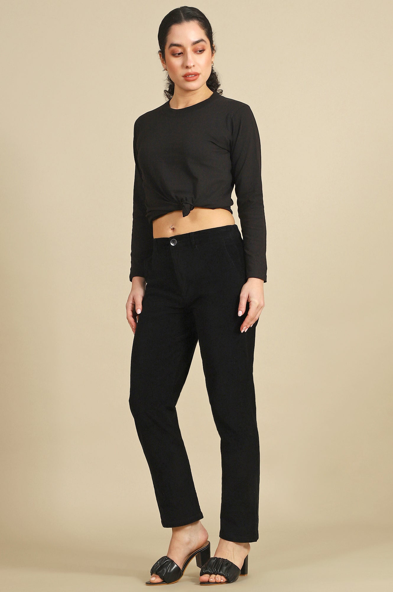 Black Solid Cotton Blend Straight Trousers & Pants
