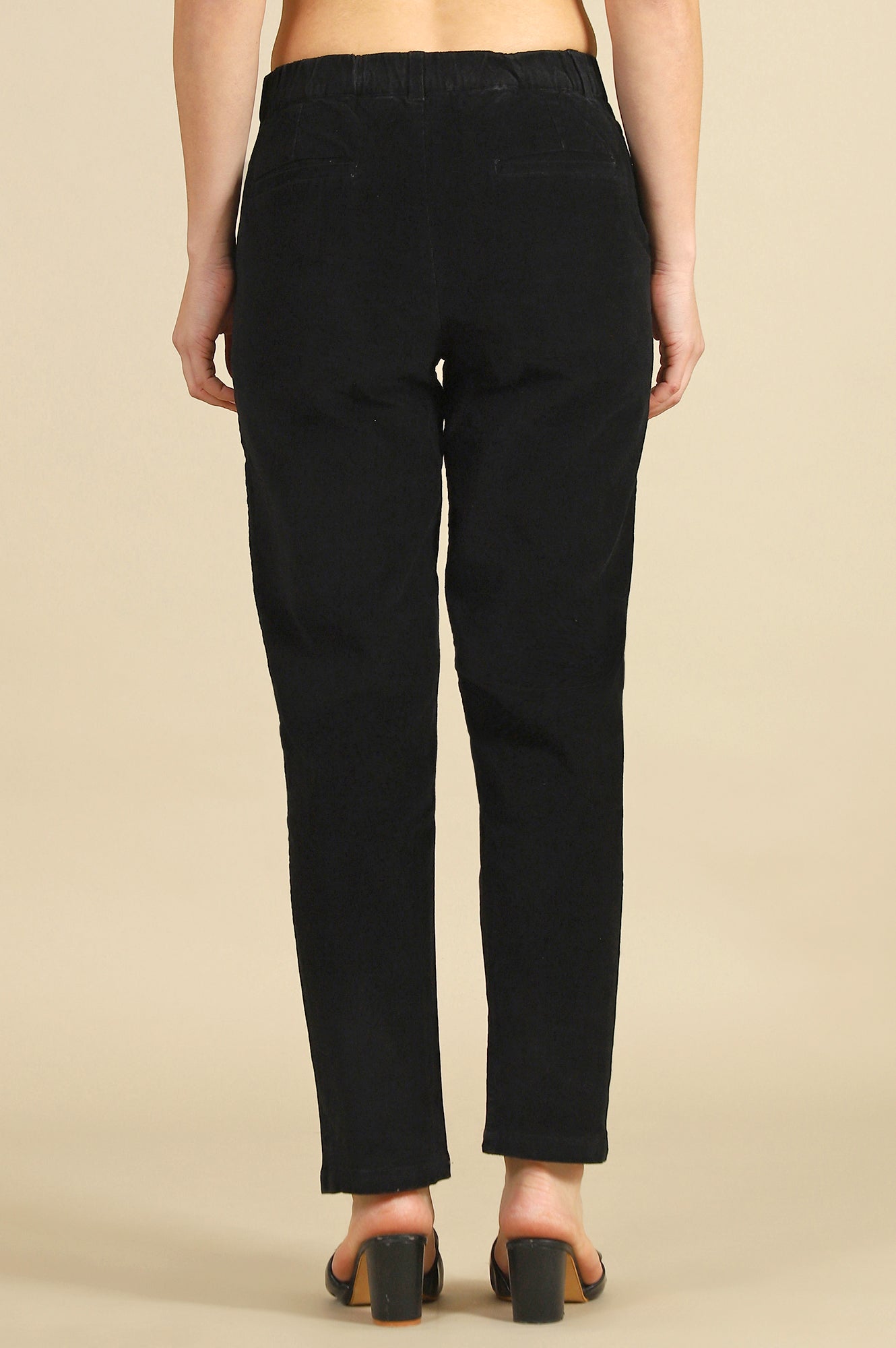 Black Solid Cotton Blend Straight Trousers & Pants