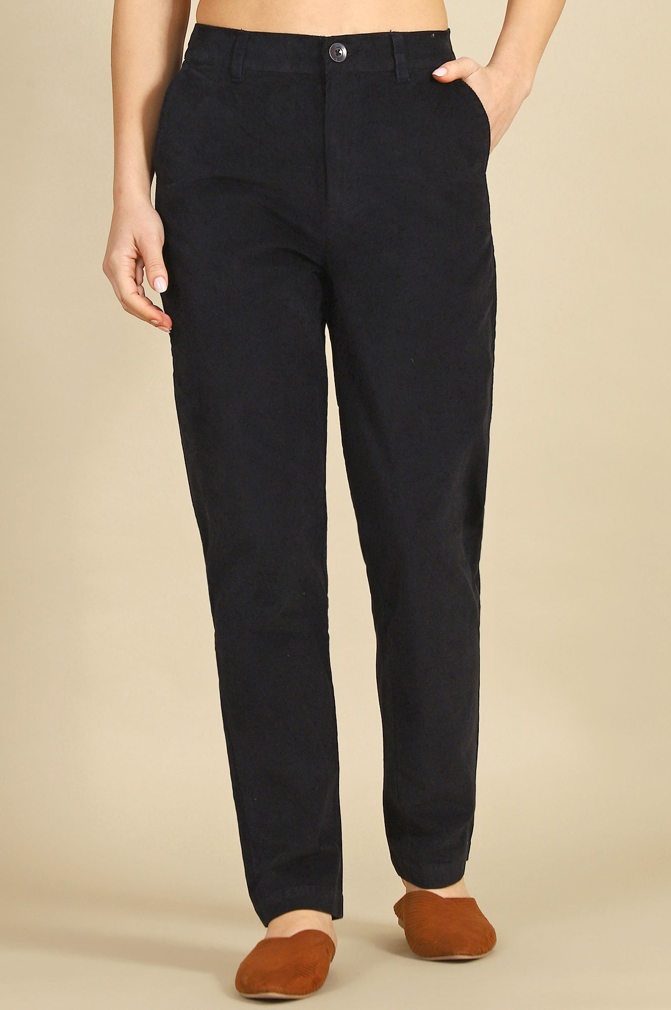 Blue Solid Cotton Blend Straight Trousers & Pants