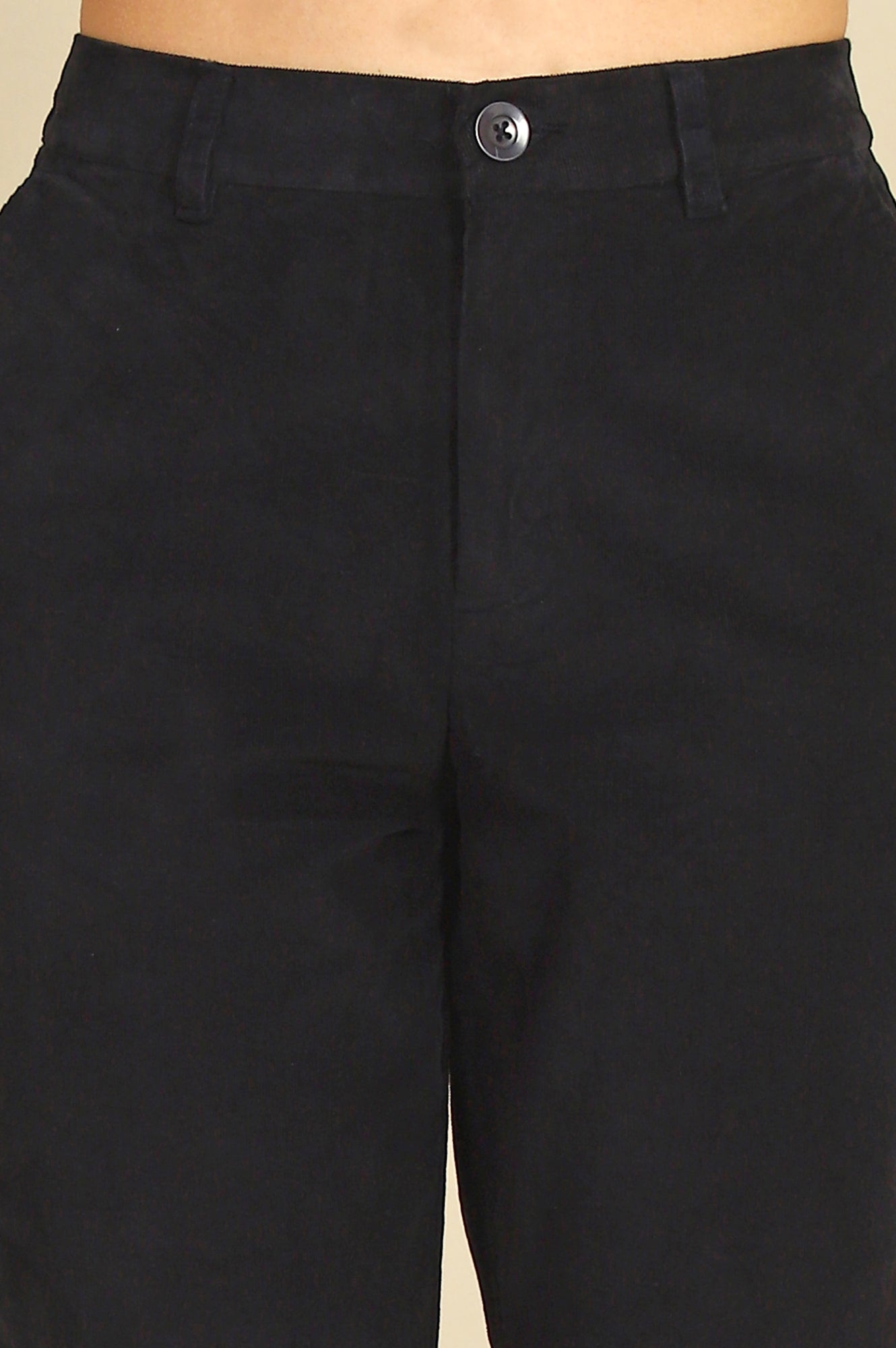 Blue Solid Cotton Blend Straight Trousers & Pants