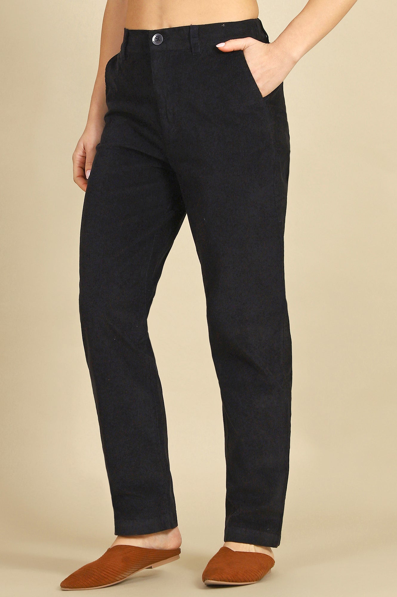 Blue Solid Cotton Blend Straight Trousers & Pants