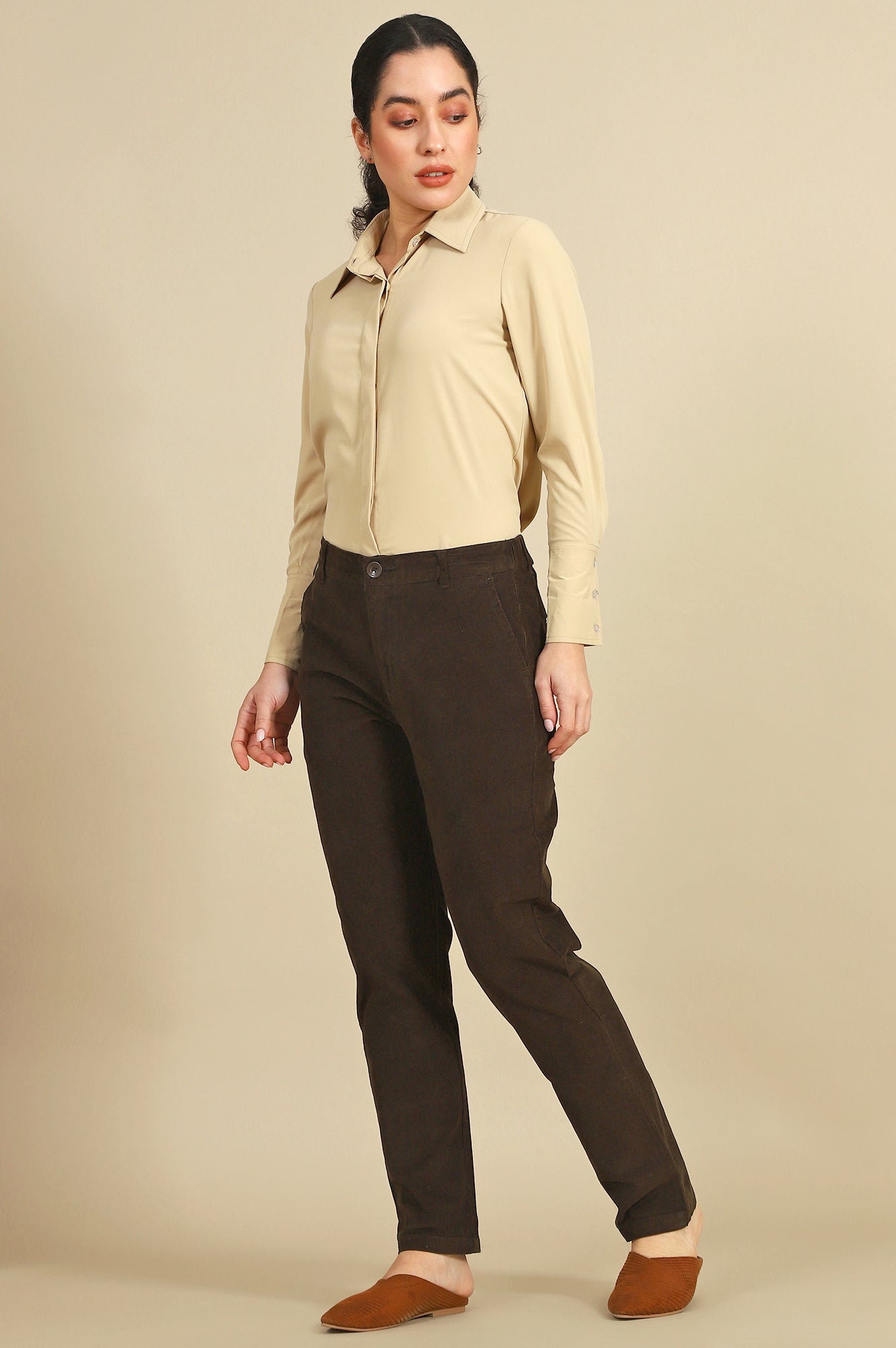Green Solid Cotton Blend Straight Trousers & Pants