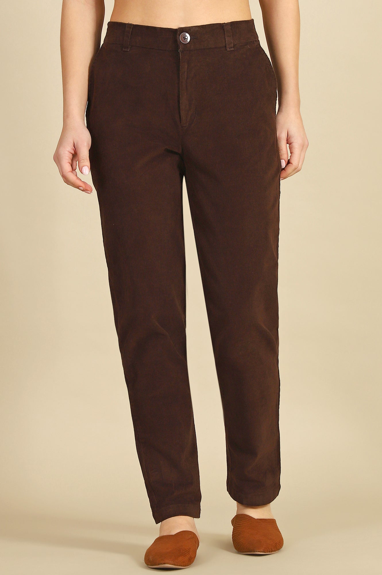 Brown Solid Cotton Blend Straight Trousers & Pants