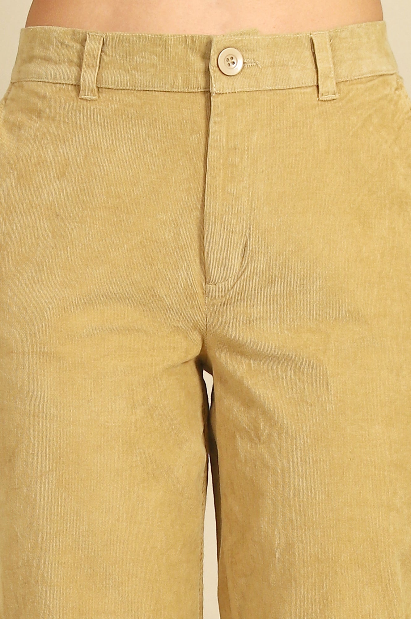 Beige Solid Cotton Blend Straight Trousers & Pants