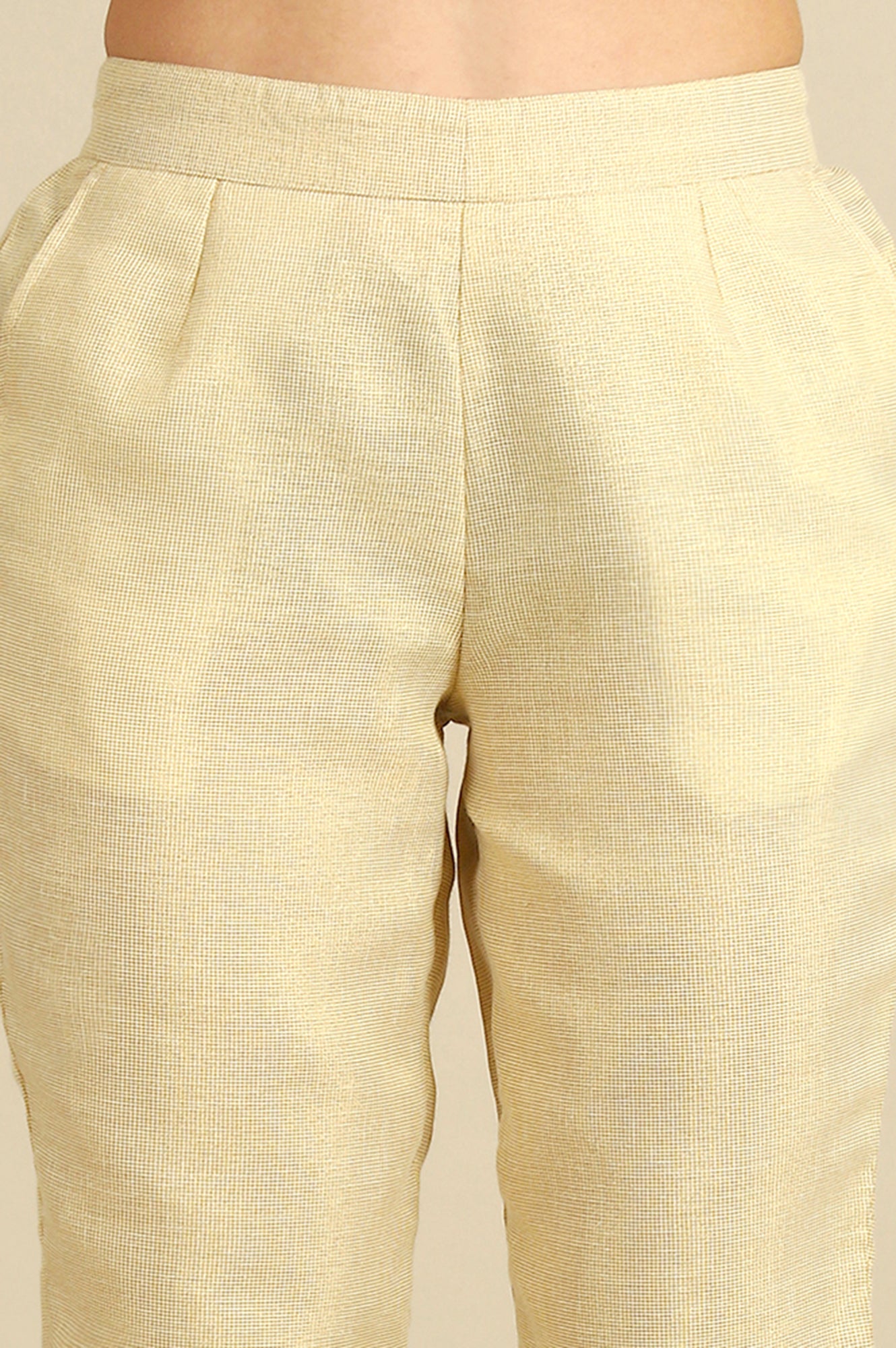 Off White Yarn Dyed Zari Cotton Blend Straight Trousers & Pants
