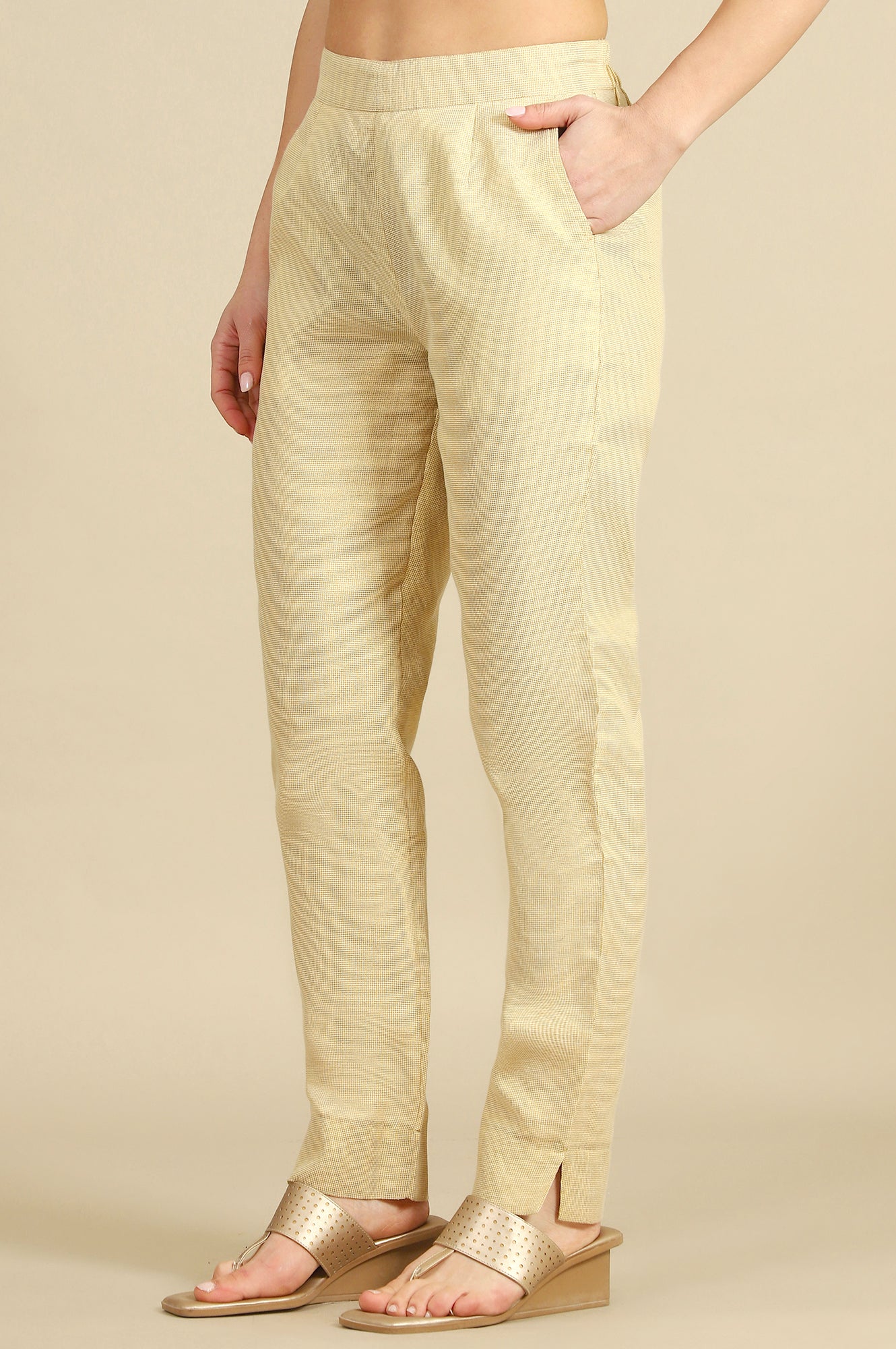 Off White Yarn Dyed Zari Cotton Blend Straight Trousers & Pants