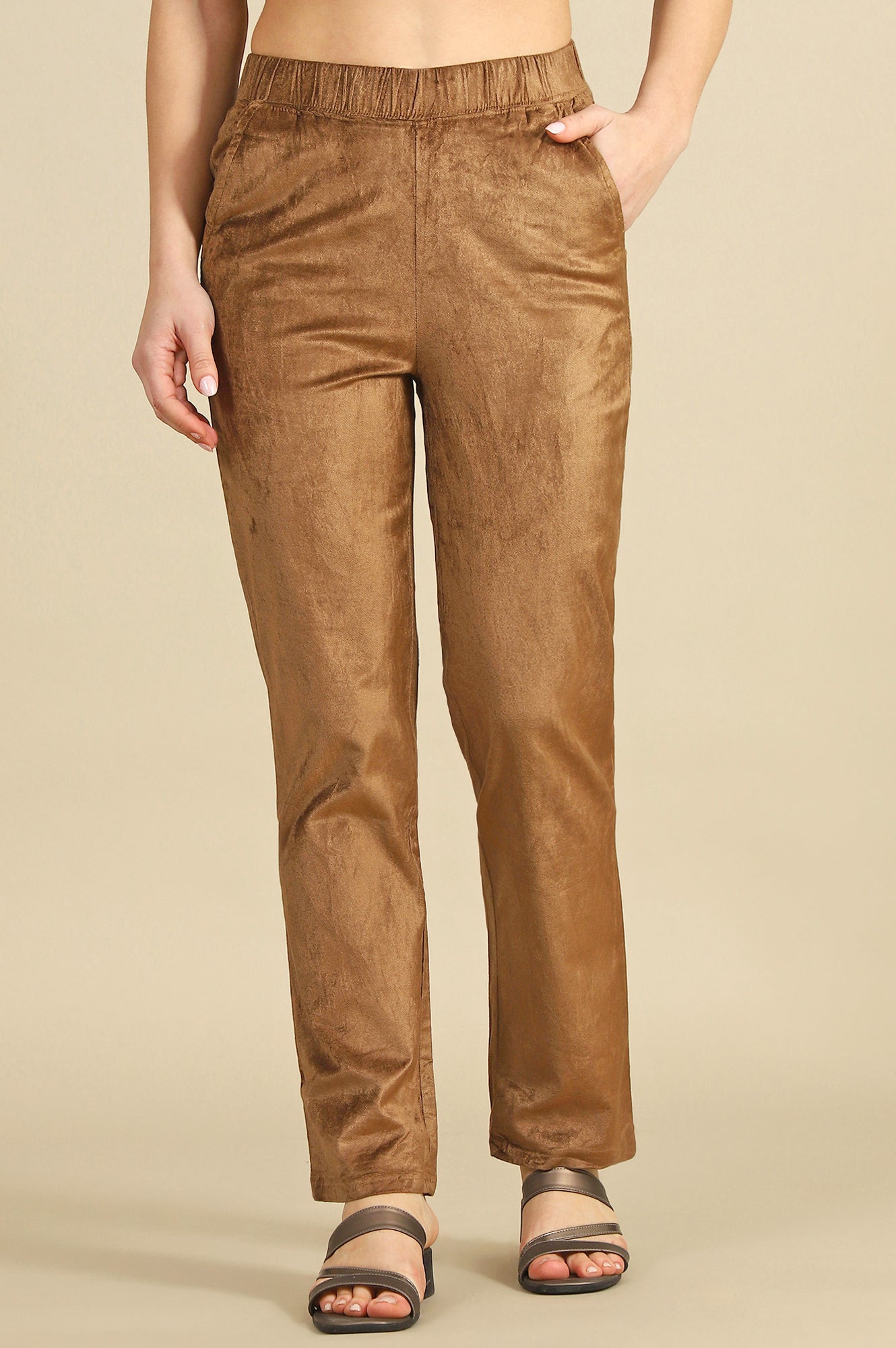 Gold Solid Straight Trousers & Pants