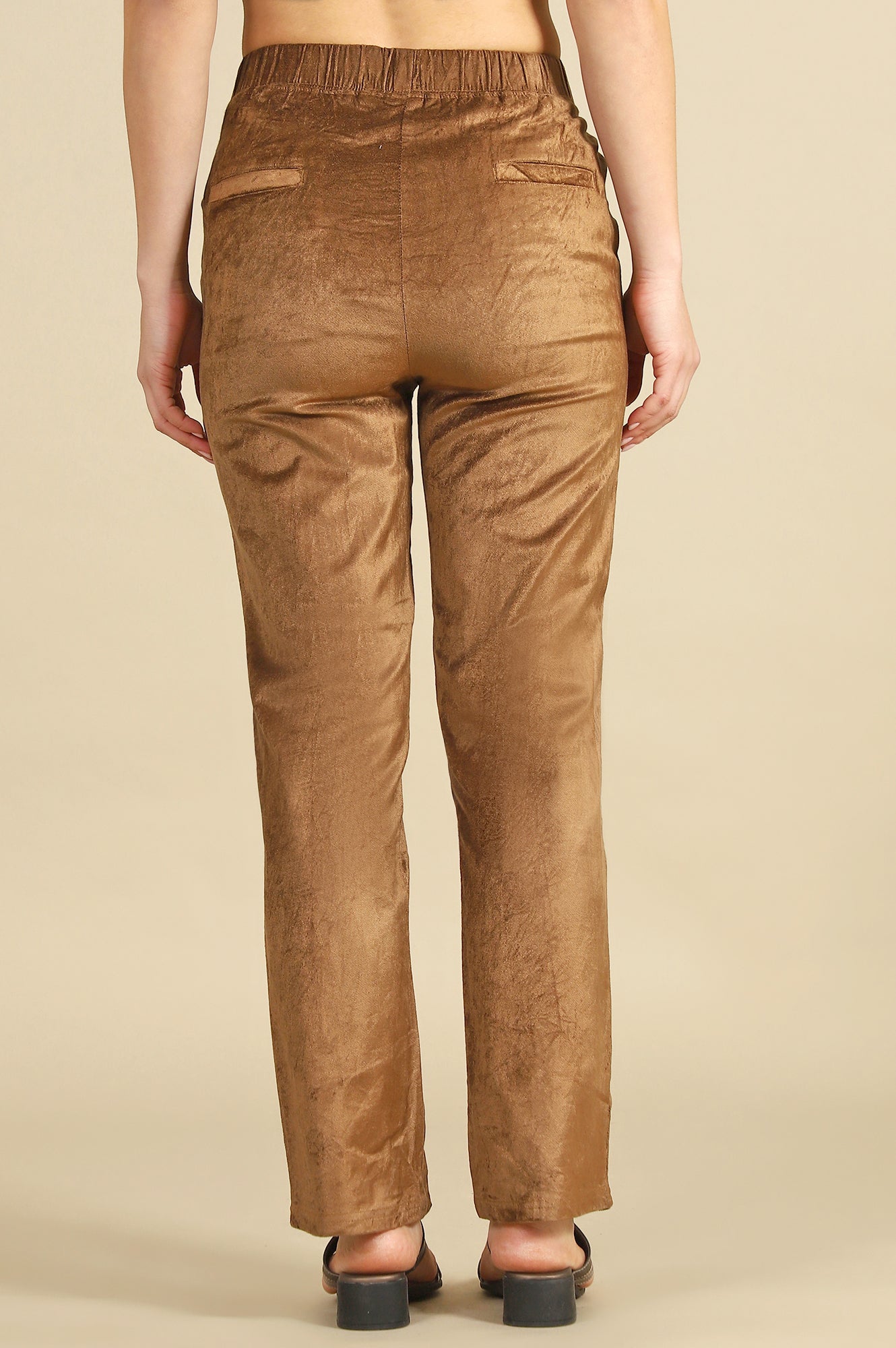 Gold Solid Straight Trousers & Pants
