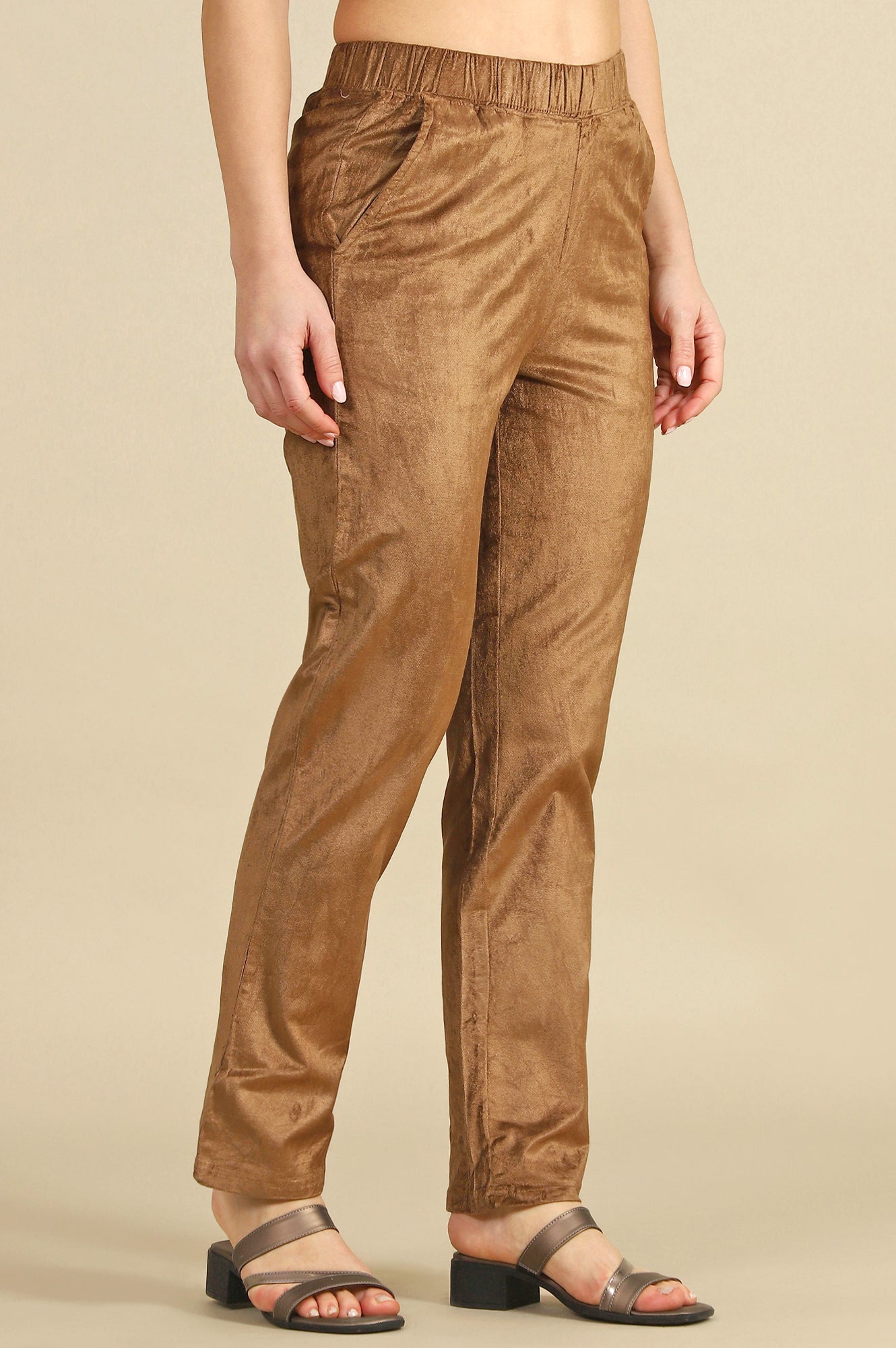 Gold Solid Straight Trousers & Pants