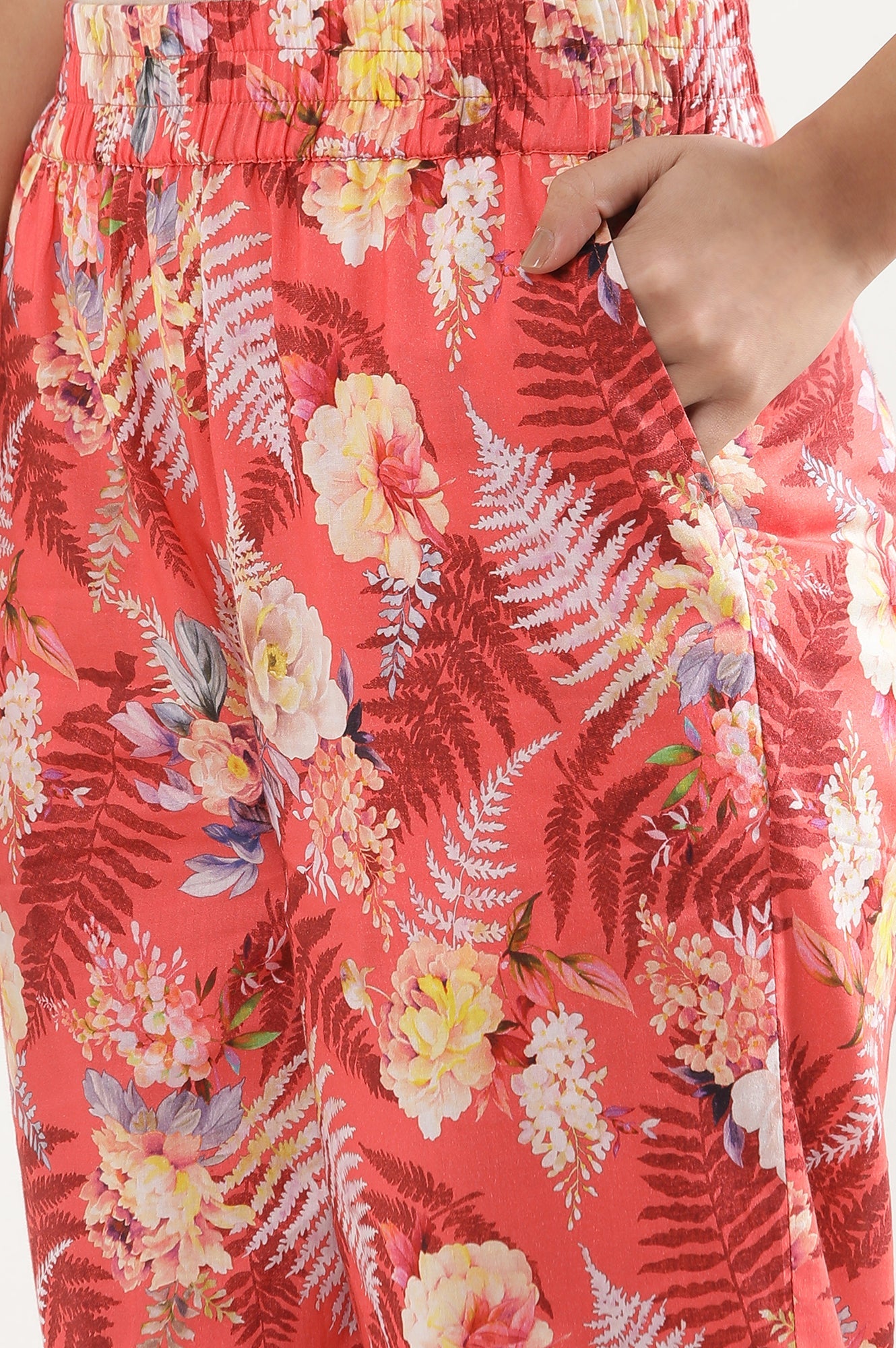 Red Floral Printed Wide Leg Cotton Palazzo With Elasticated Waist