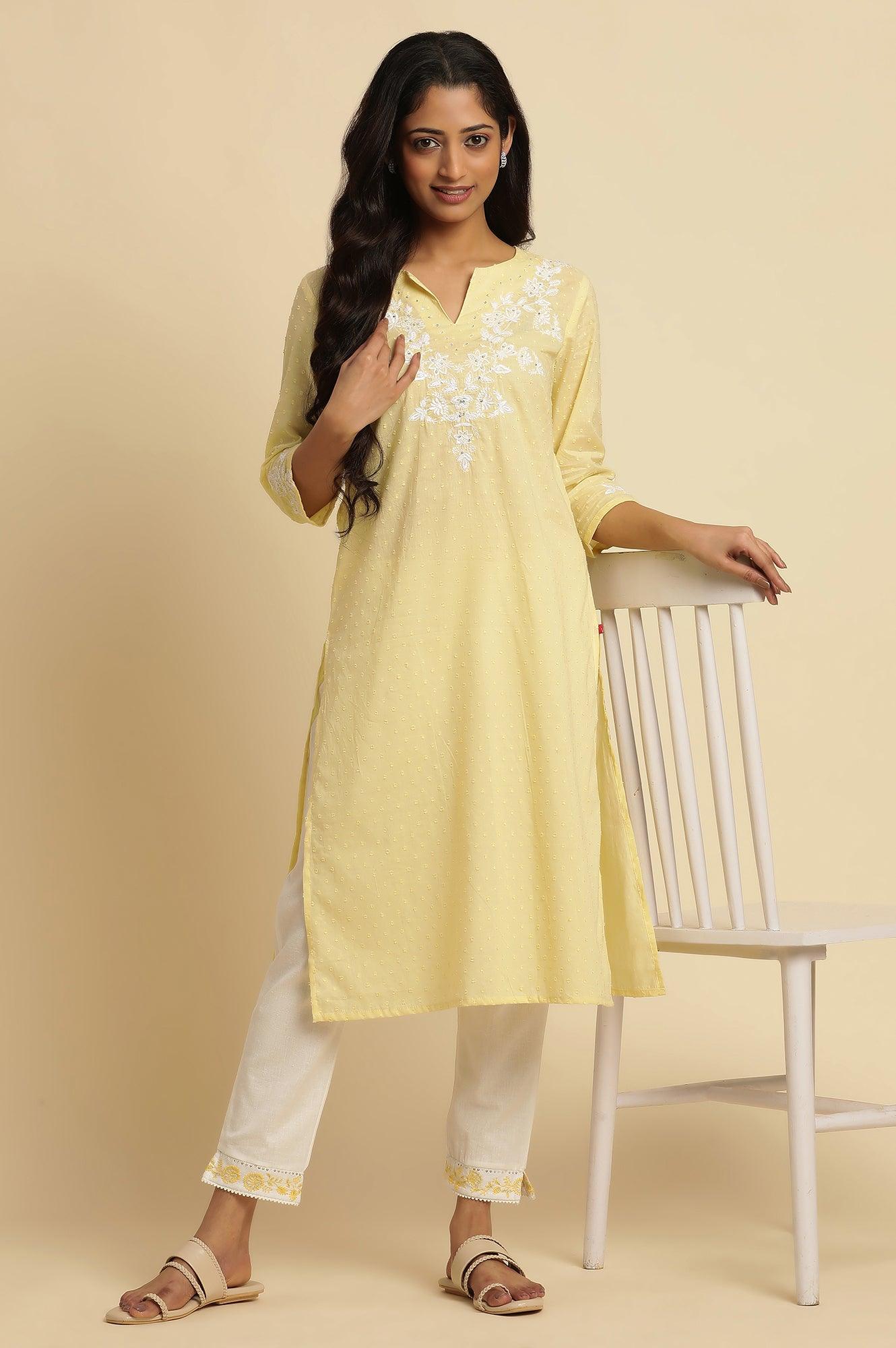 Lemon Yellow Embroidered Kurta - wforwoman