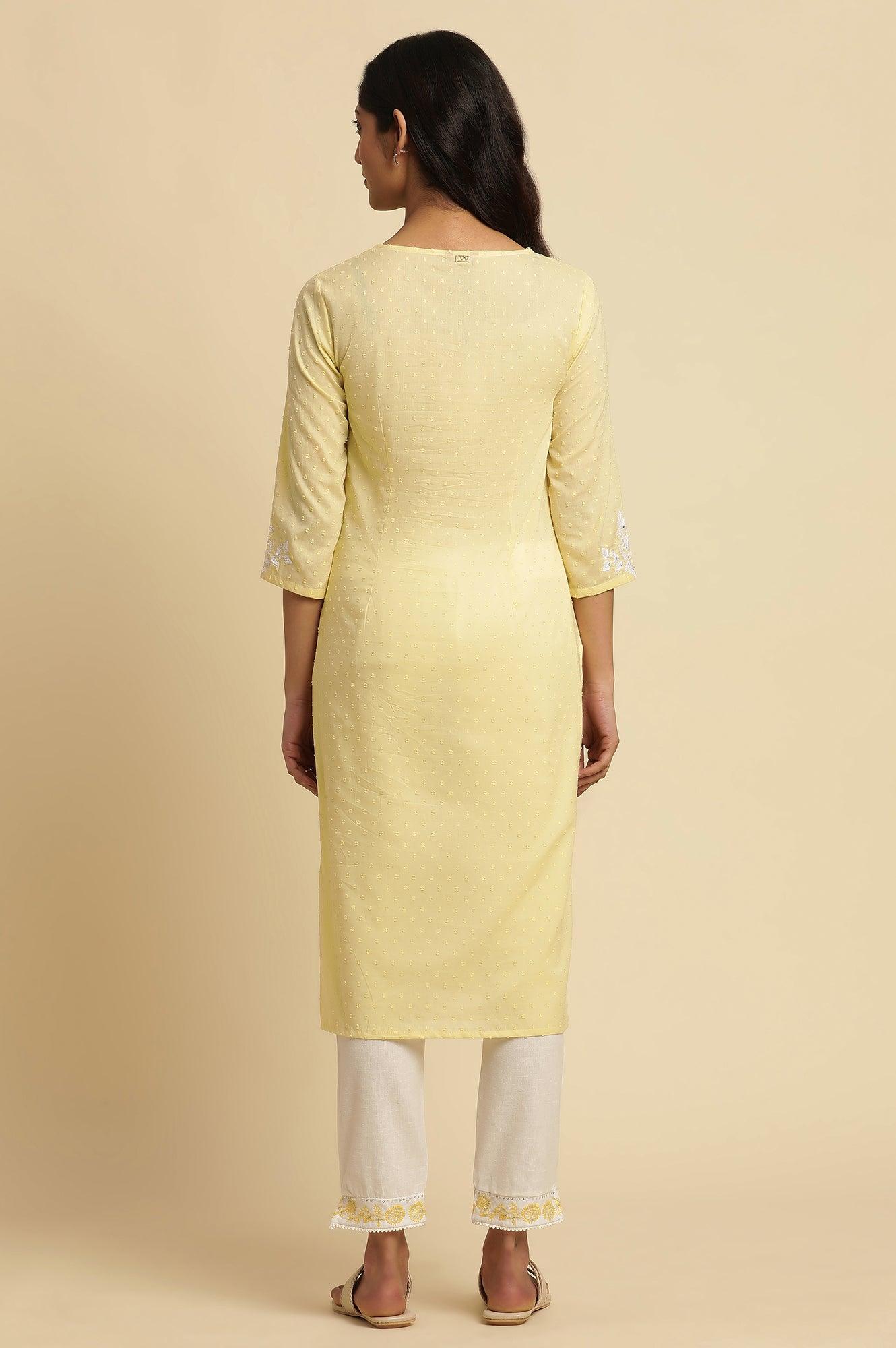 Lemon Yellow Embroidered Kurta - wforwoman