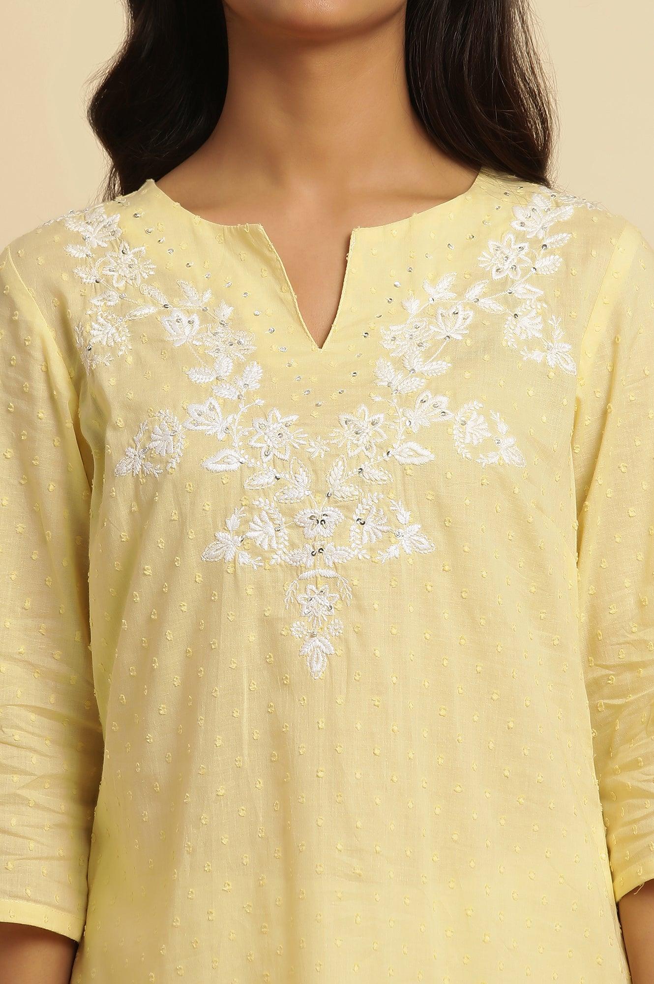 Lemon Yellow Embroidered Kurta - wforwoman