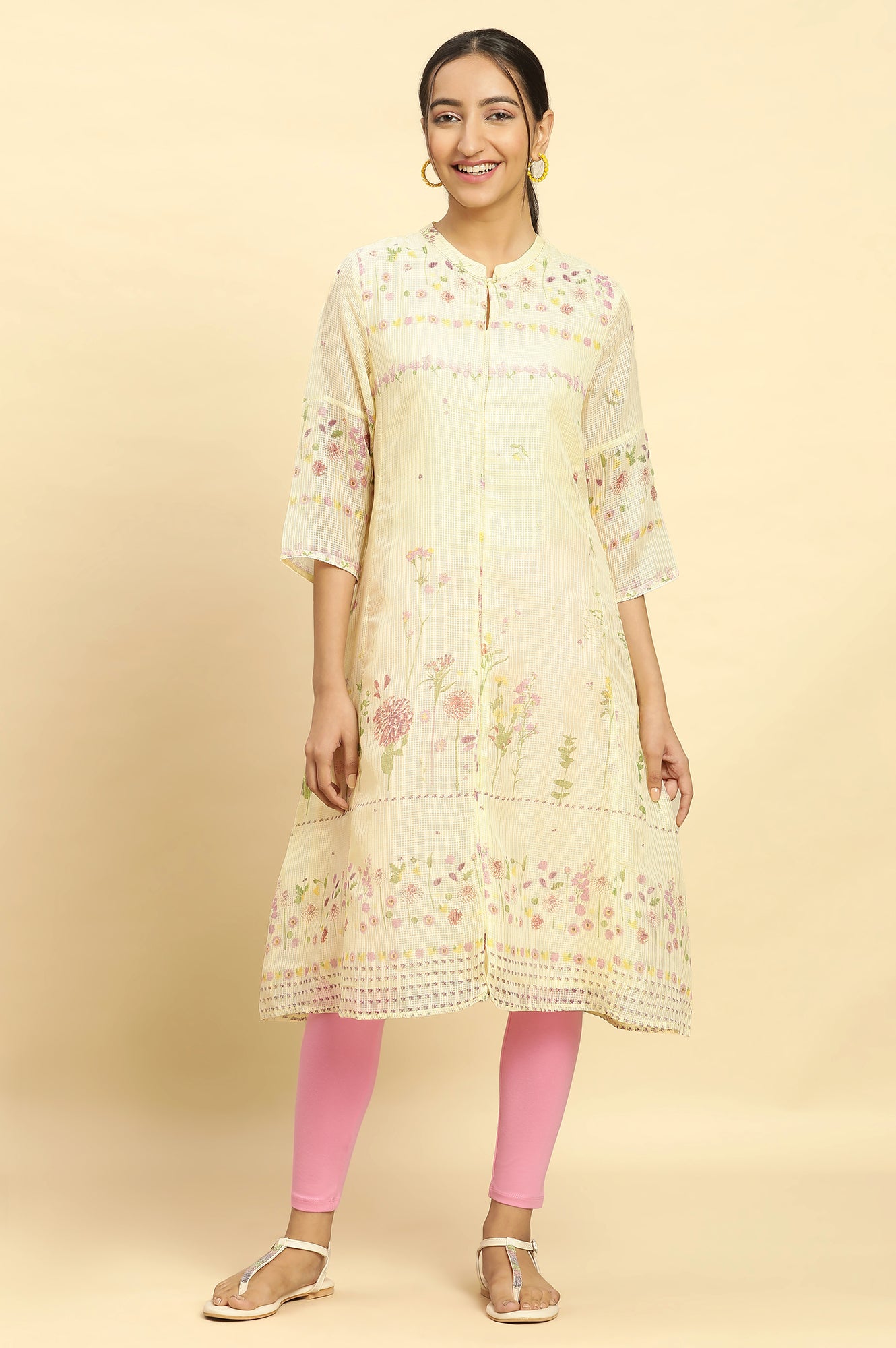 Yellow Floral Printed A-Line Kota Kurta