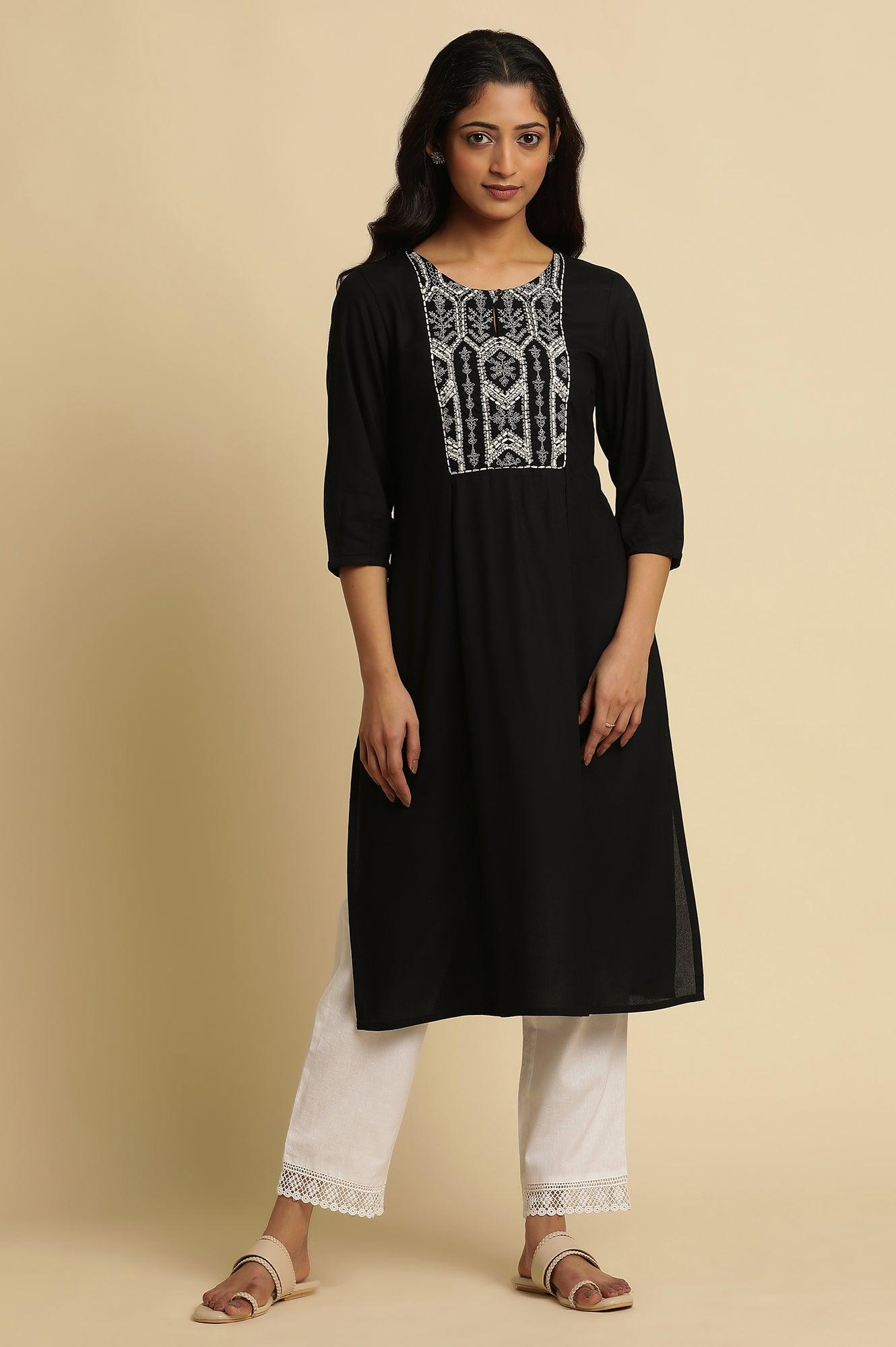 Navy Blue Thread Embroidered Kurta - wforwoman