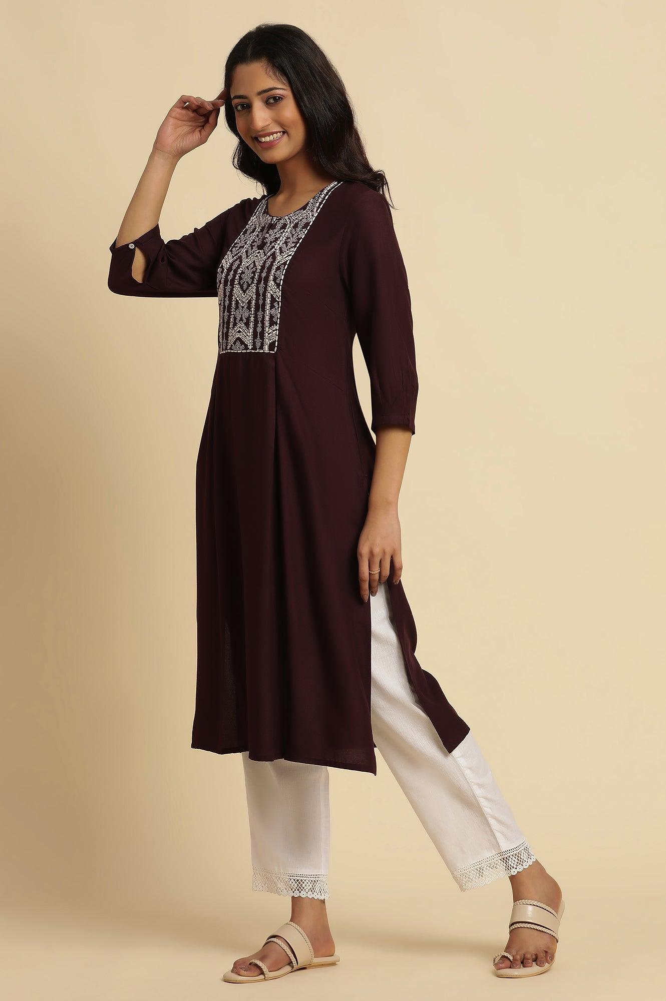 Purple Thread Embroidered Kurta - wforwoman