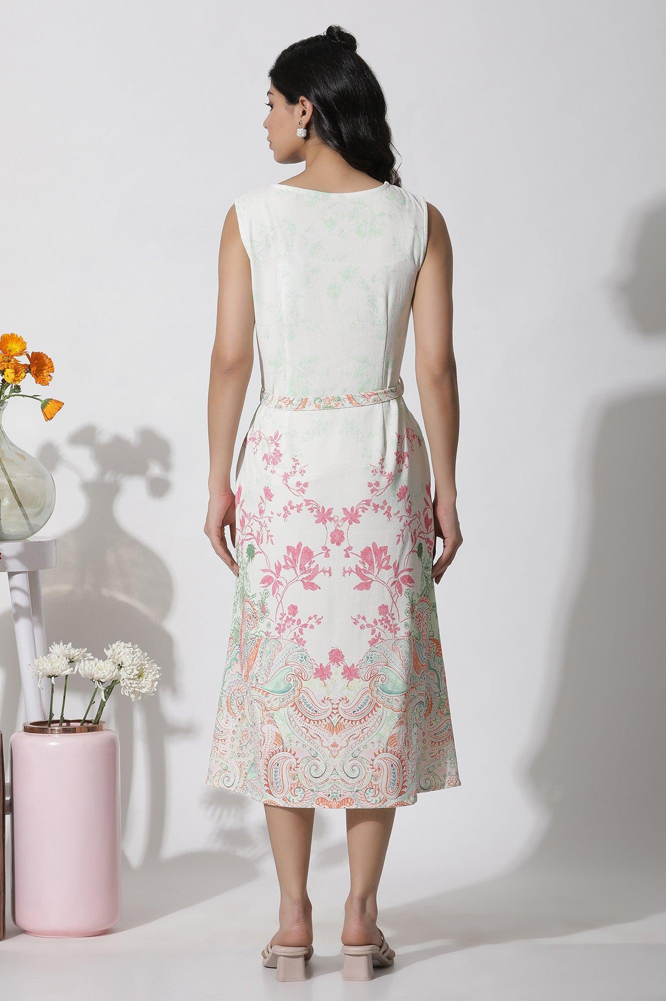 White Textured Crepe Dress In Multi-Coloured Print - wforwoman