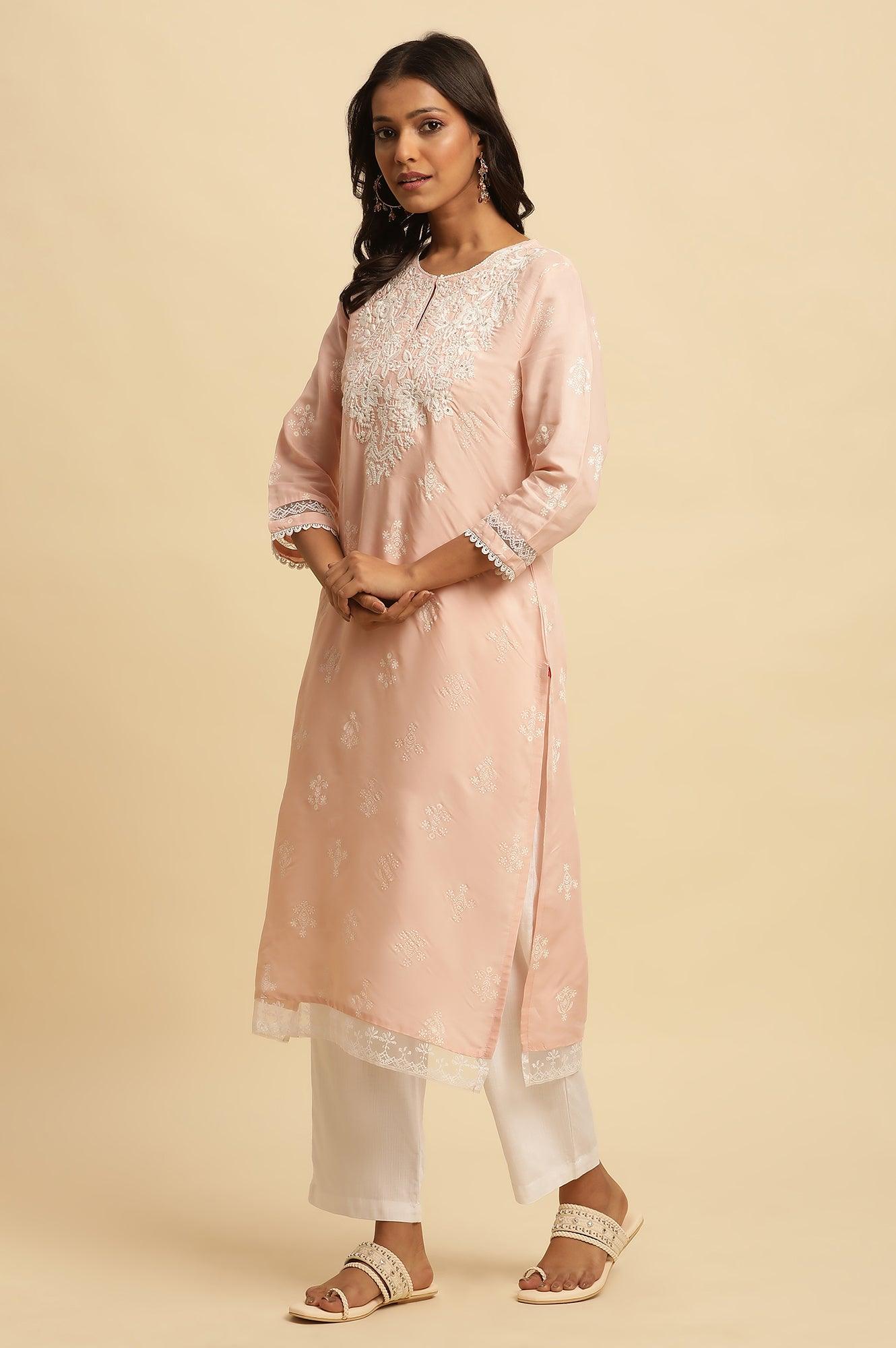 Light Pink Chikankari Embroidery Kurta - wforwoman