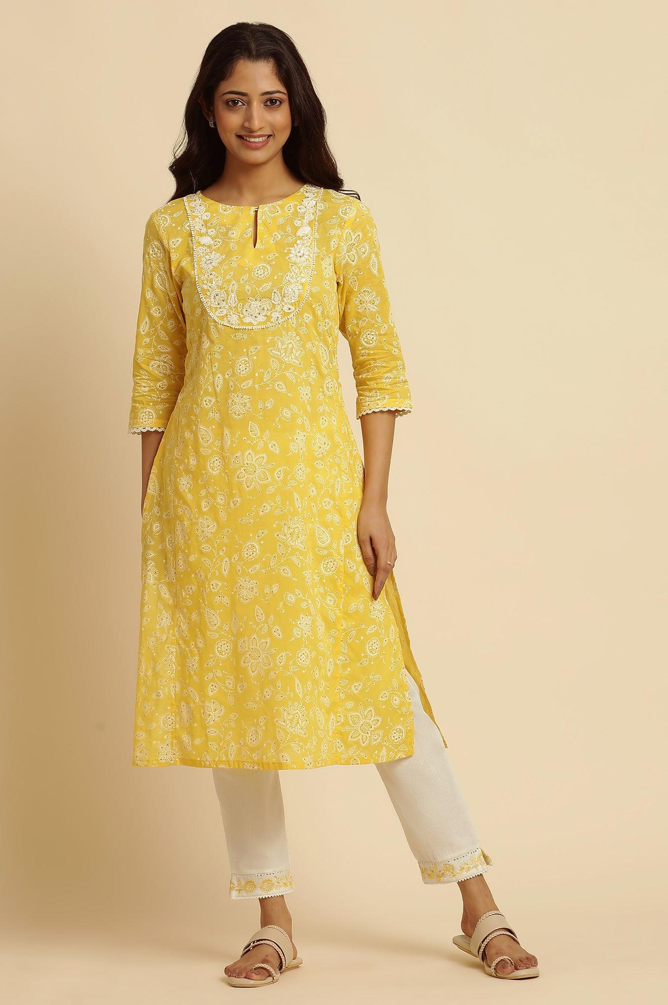 Buy Yellow Printed A-Line Cotton Kurta Online for Woman | WforWoman